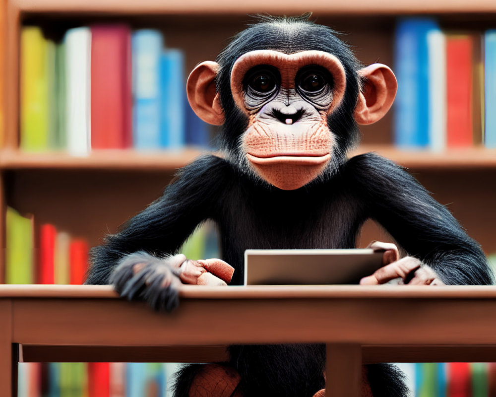 Young chimpanzee using digital tablet at desk with colorful bookshelves