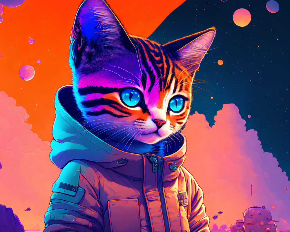 Stylized cat illustration in astronaut suit with planets on orange-purple space backdrop