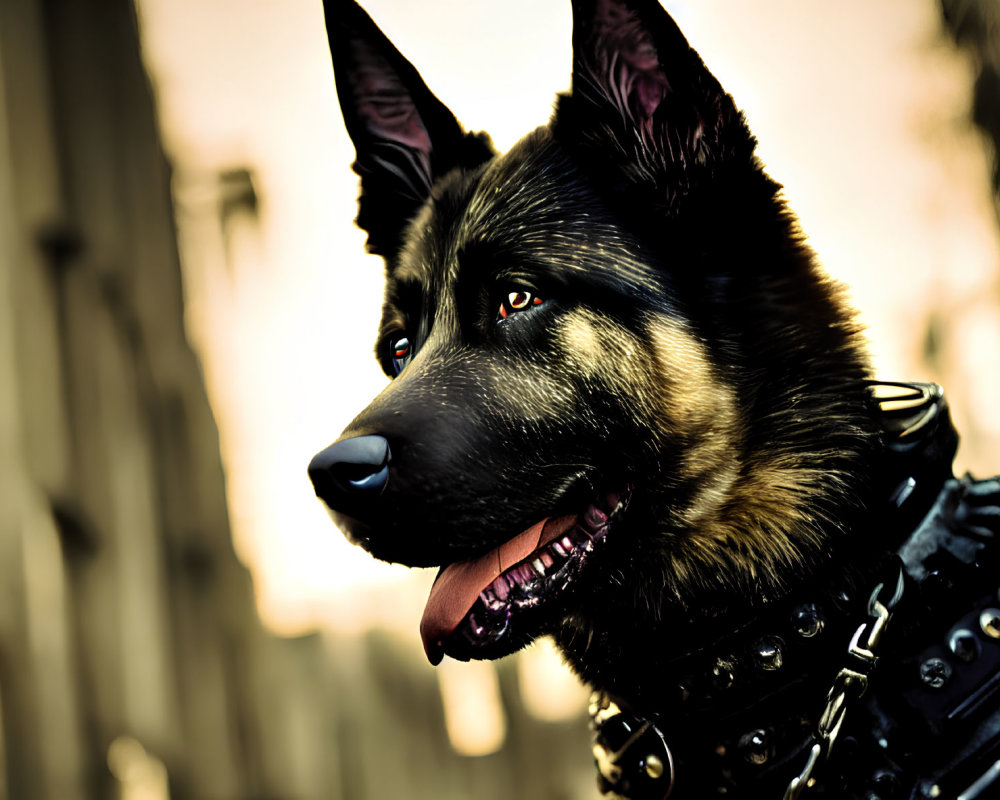 Black German Shepherd with studded collar in sharp profile against warm light background