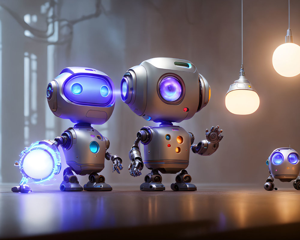 Four futuristic robots of varying sizes in a room with hanging lights and a blue energy portal.