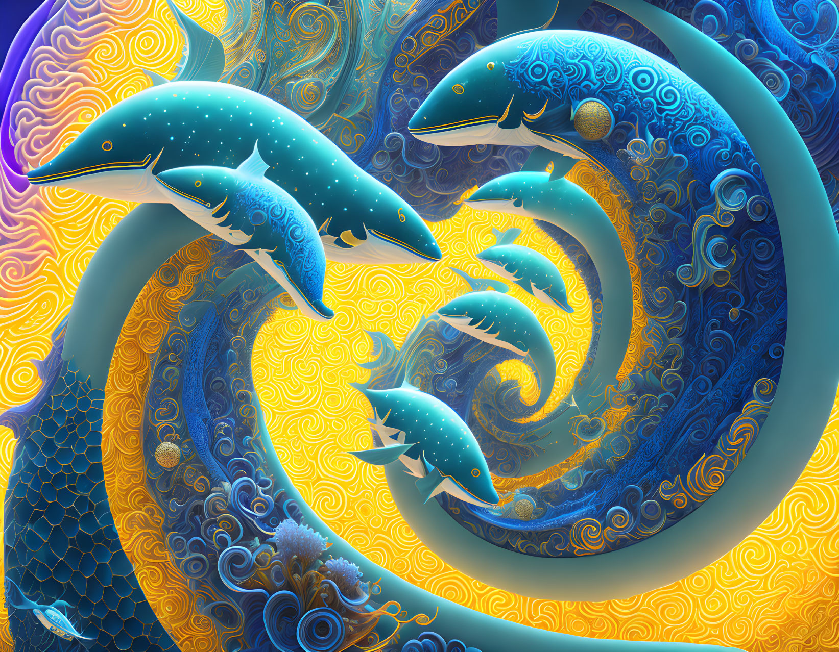 Colorful digital artwork: Three stylized dolphins in swirling sea.