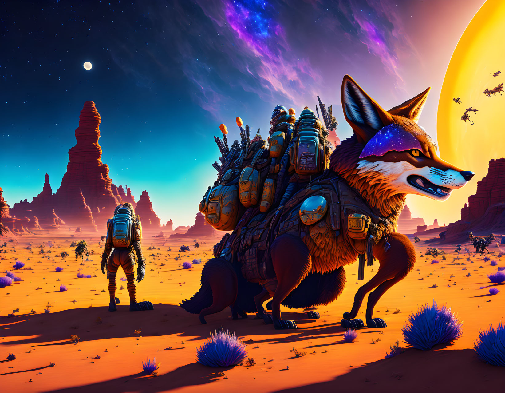 Giant fox with backpack in desert landscape under starry sky