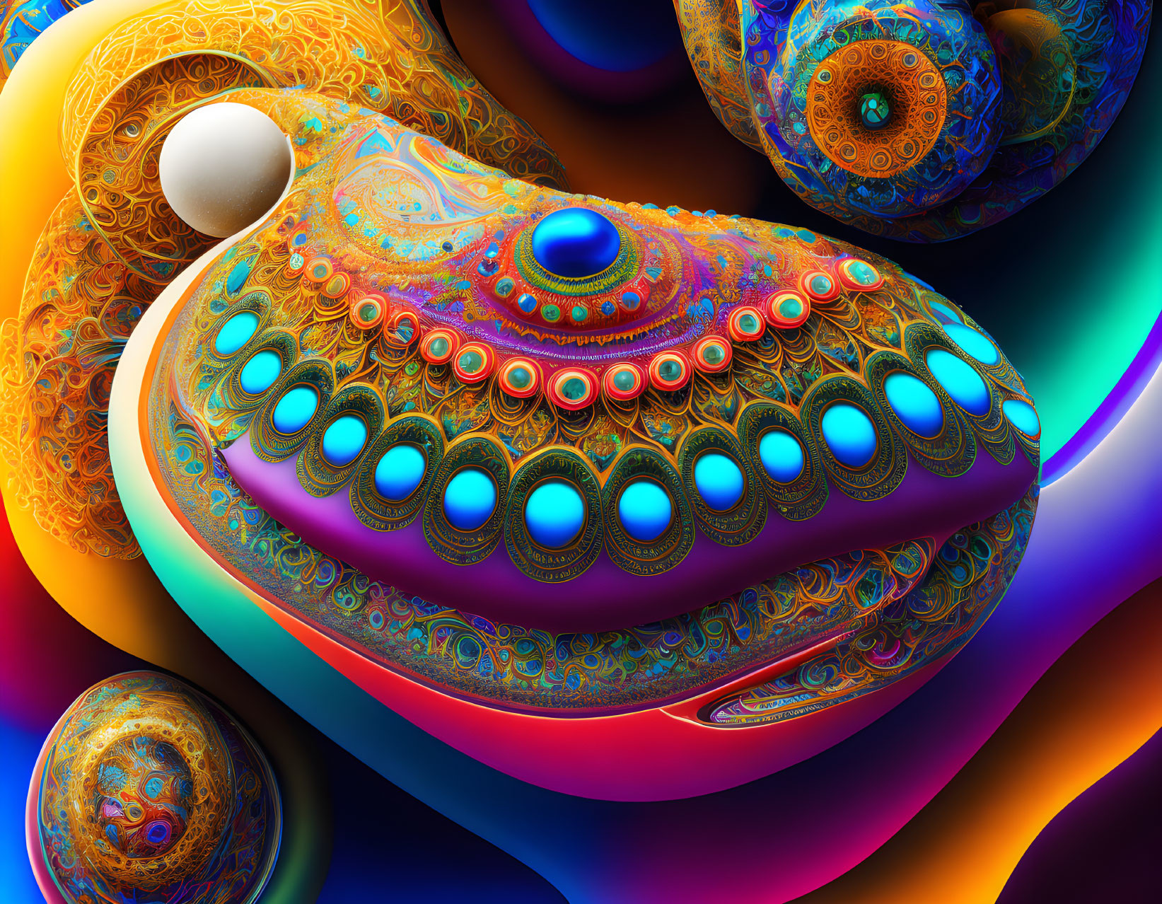 Colorful Abstract Fractal Art with Spherical and Paisley Patterns