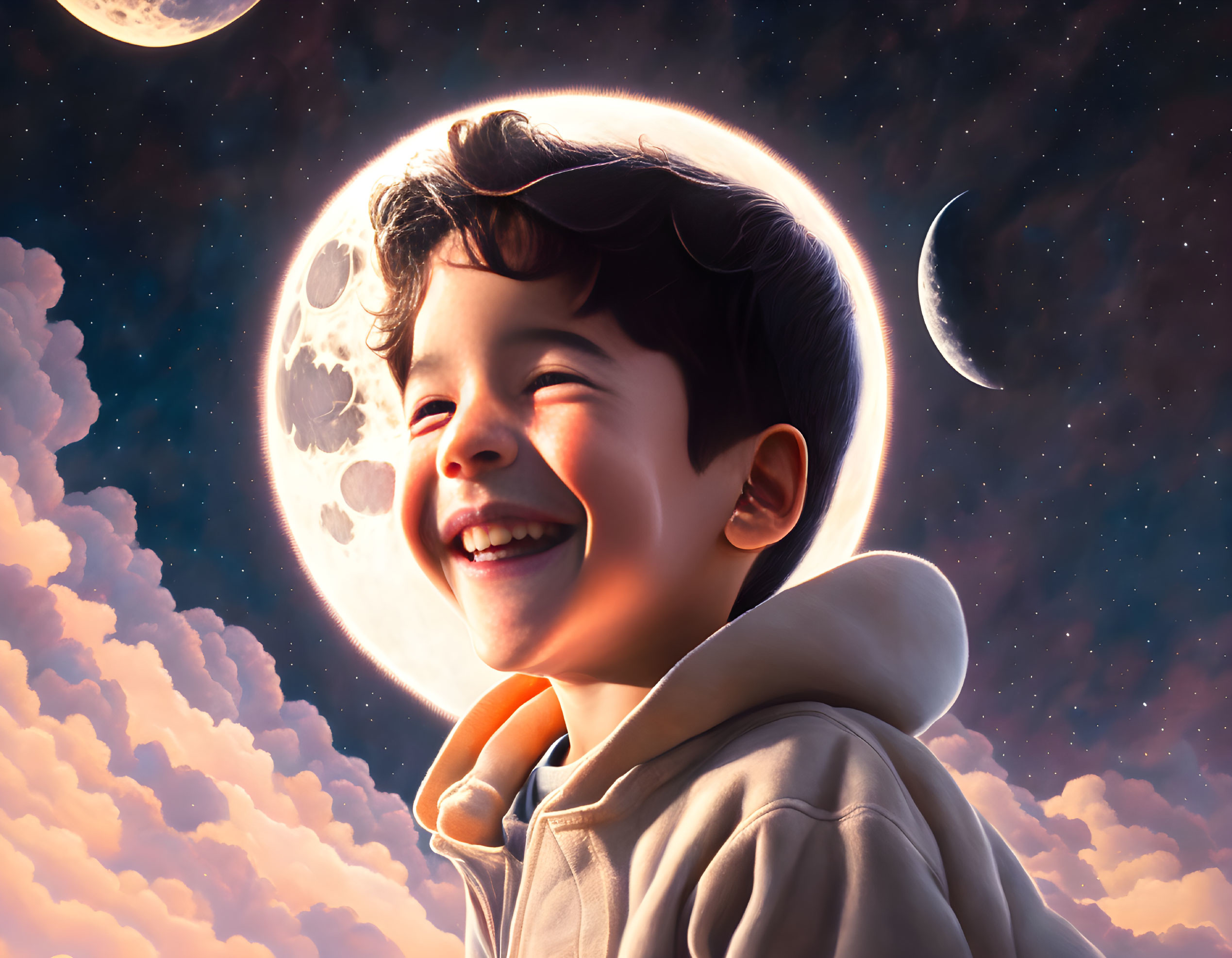 Smiling young boy with space-themed backdrop featuring moons and stars