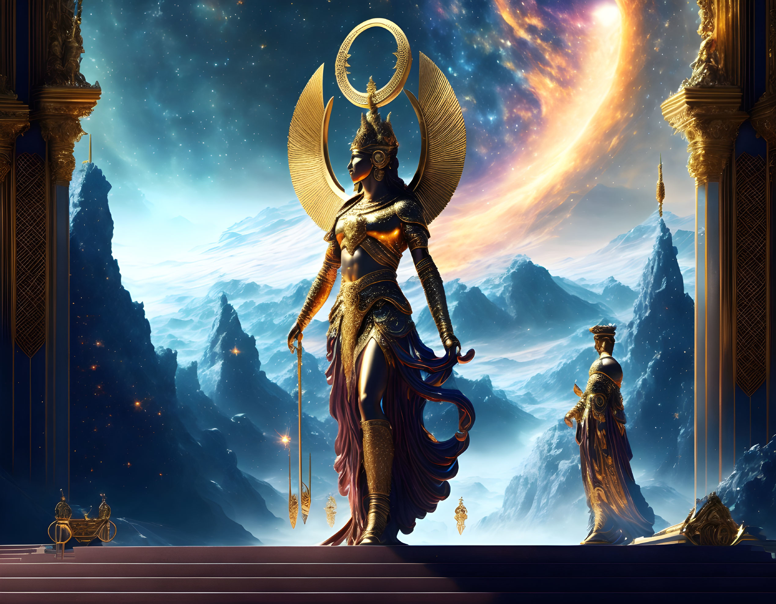 Gilded armored figure in cosmic setting with ornate columns and swirling galaxy