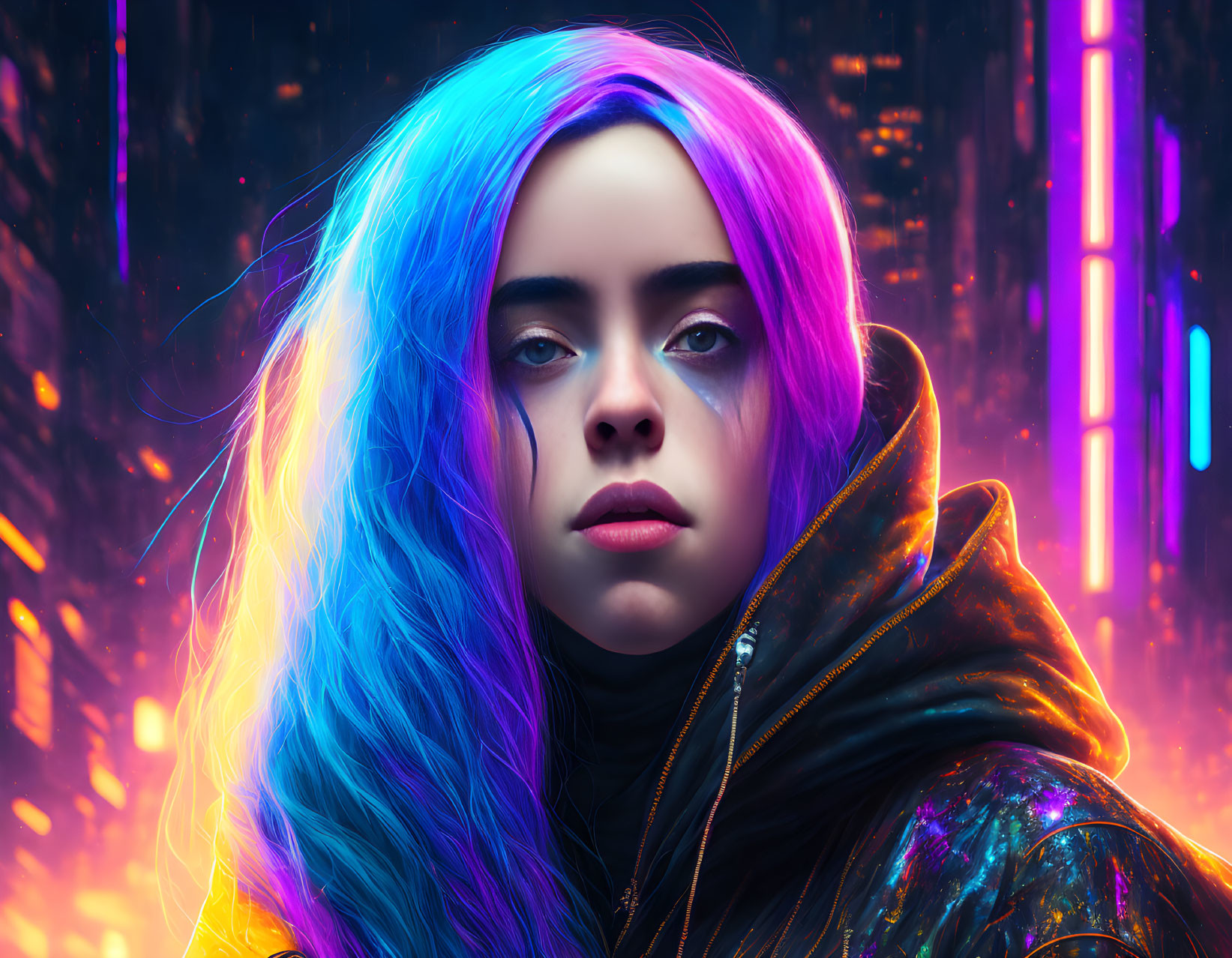 Vibrant blue and purple hair on person with yellow eyes in futuristic digital art