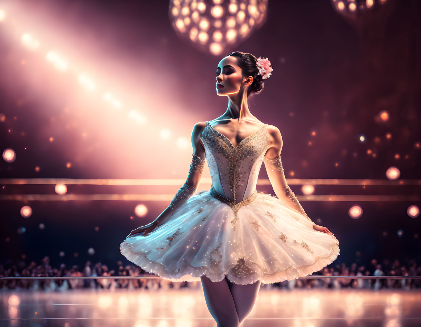 Elegant ballet dancer on stage with glowing orbs and sparkling tutu