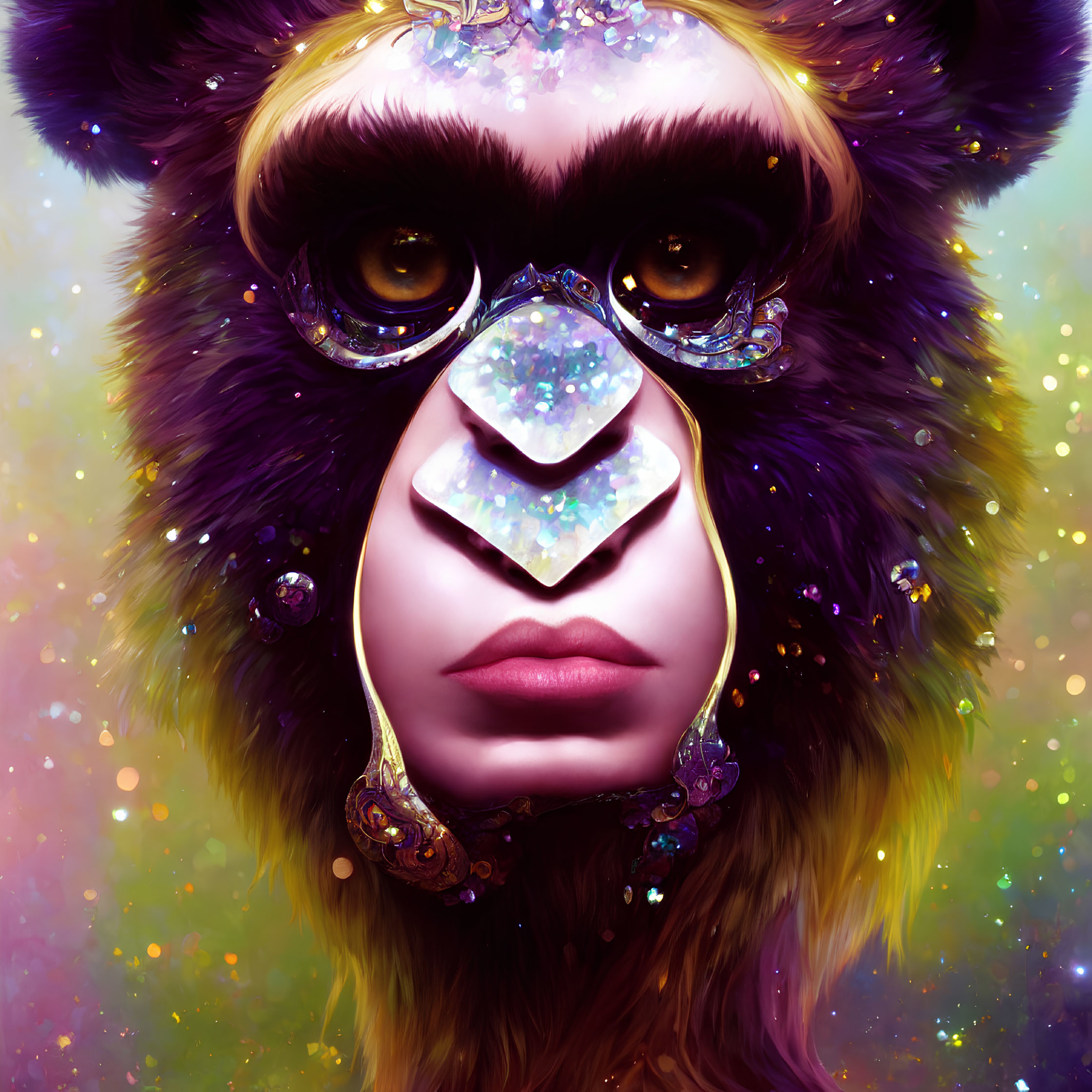 Multicolored bear mask on human in surreal portrait