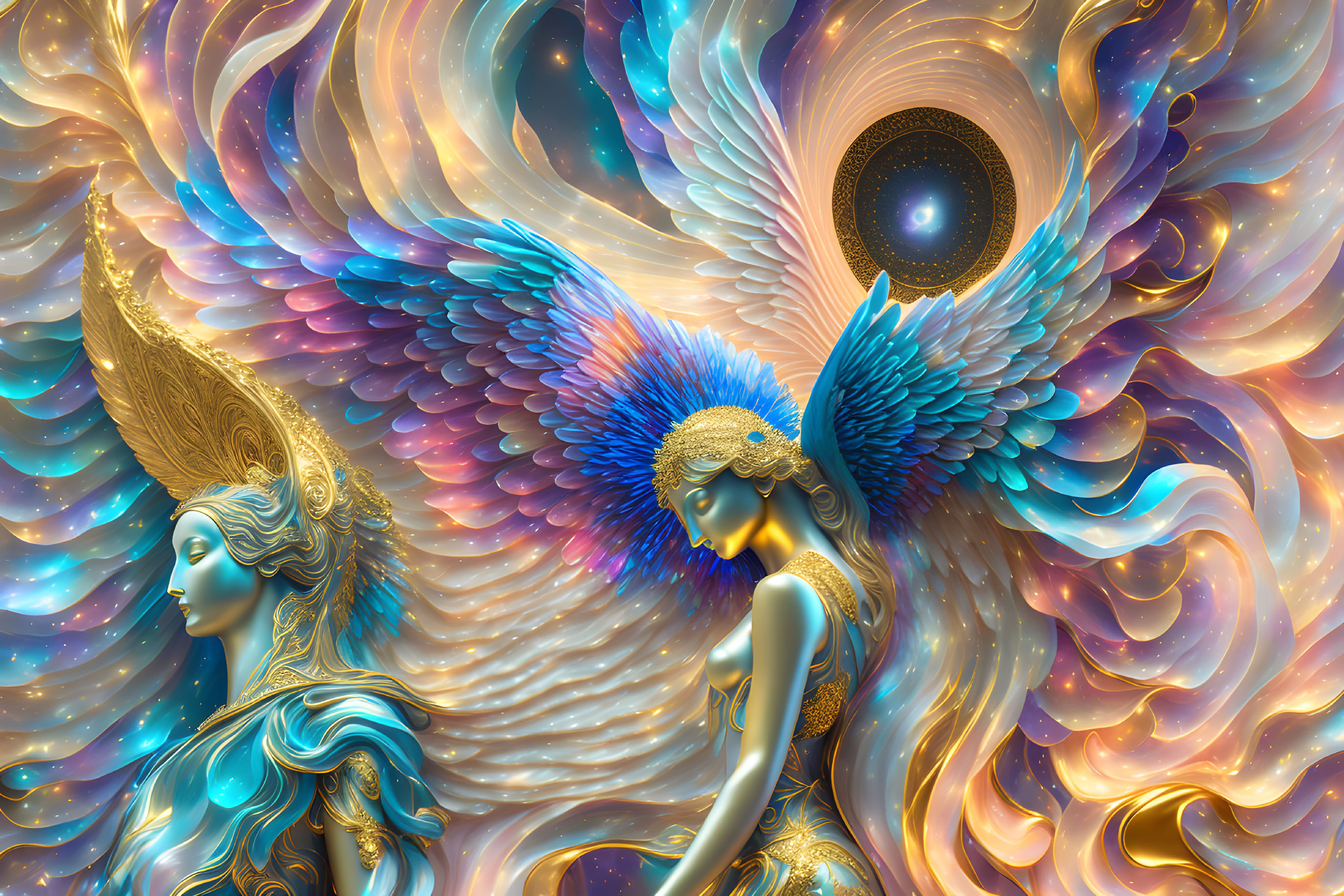 Ethereal figures with ornate wings in colorful digital artwork