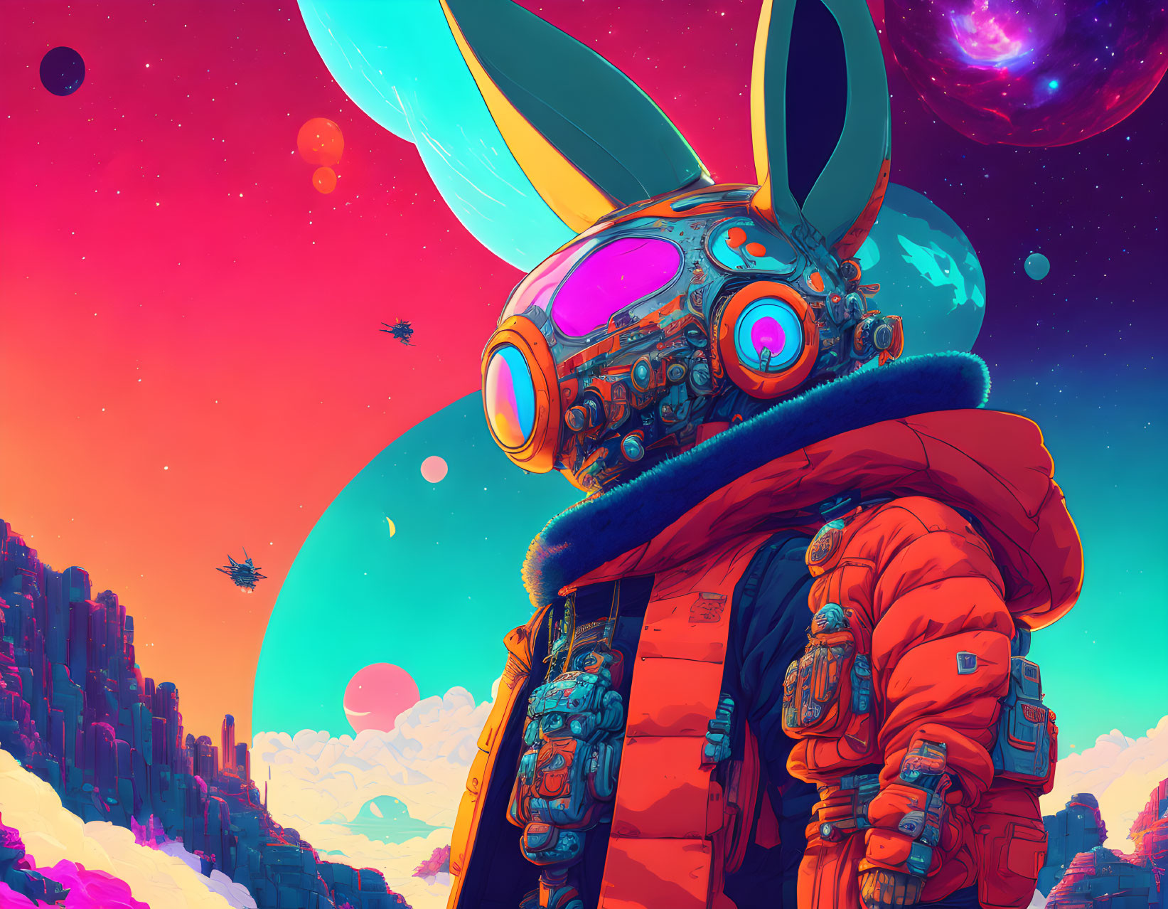 Stylized character in orange spacesuit on alien planet with colorful skies