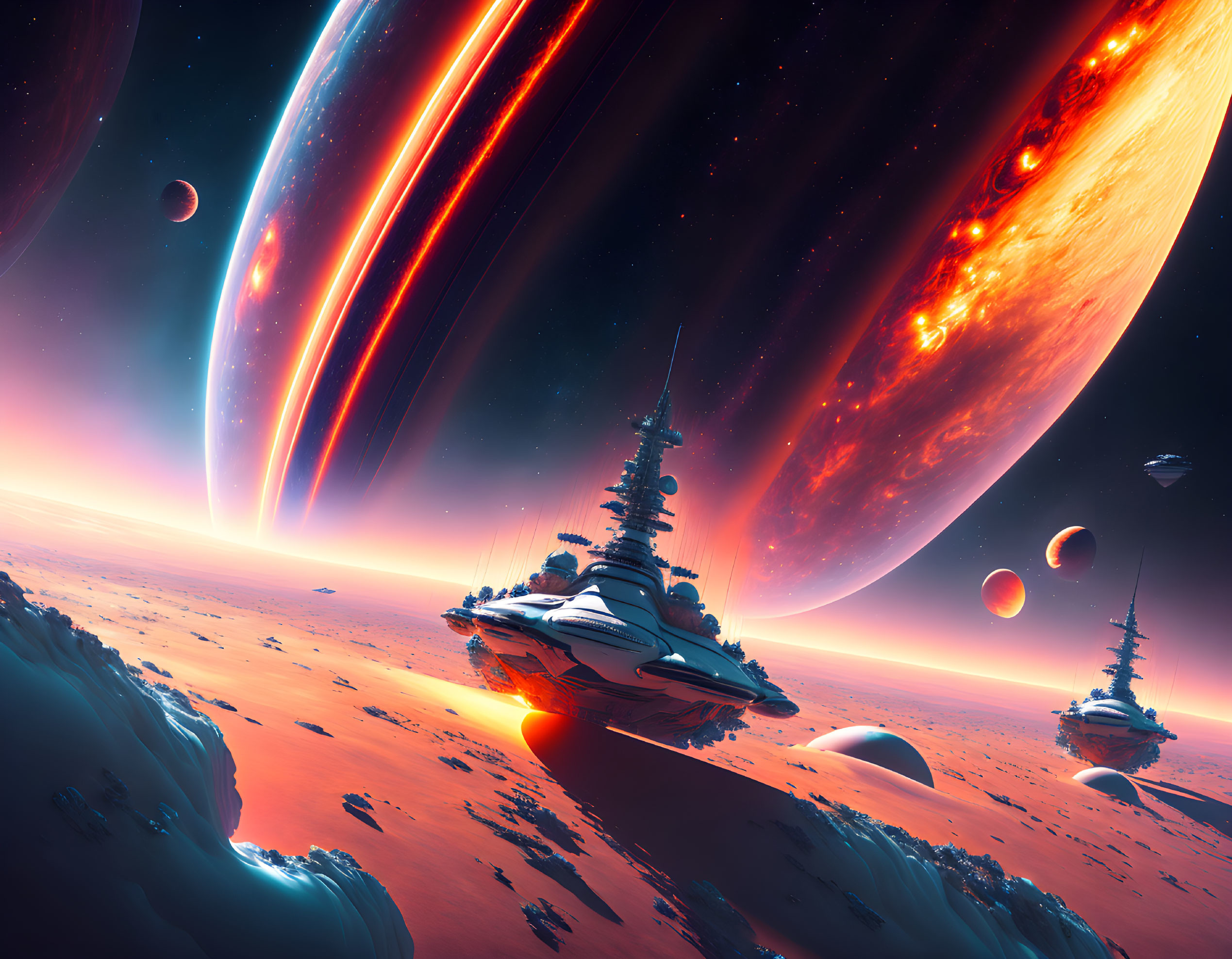 Futuristic spacecraft above alien landscape with giant planets and rings in vibrant sky