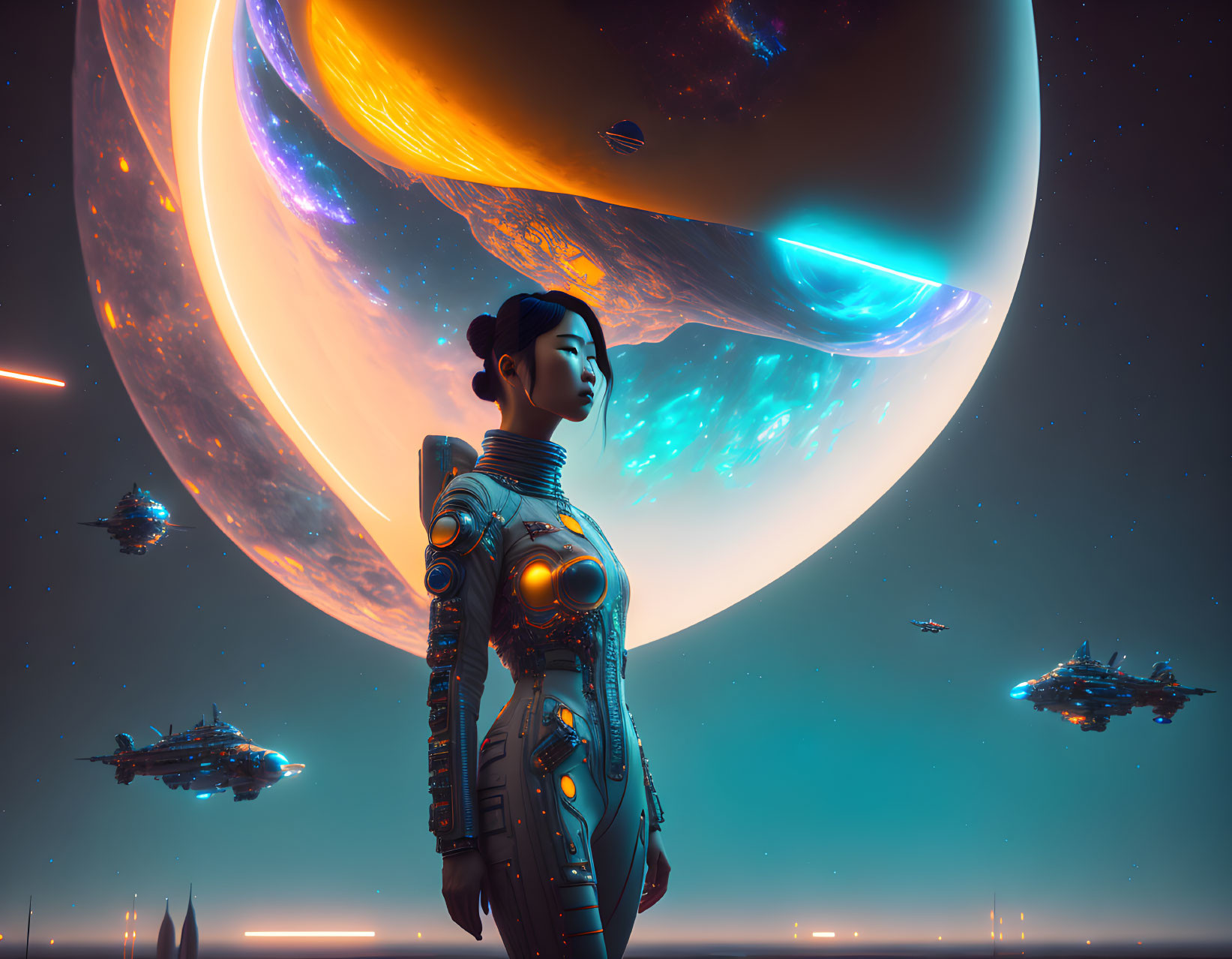 Futuristic woman on alien planet with ringed planet and spaceships