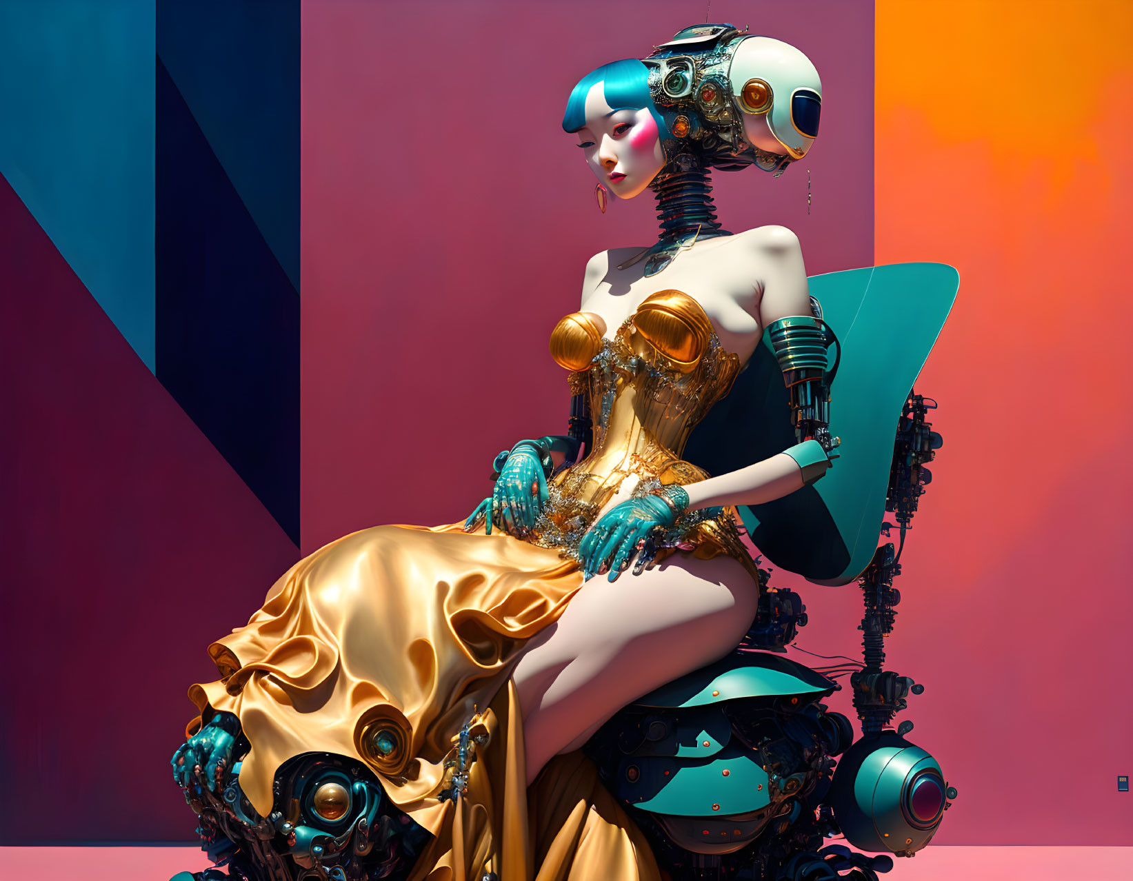 Futuristic female robot with elaborate headgear and metallic body on vibrant color-blocked background