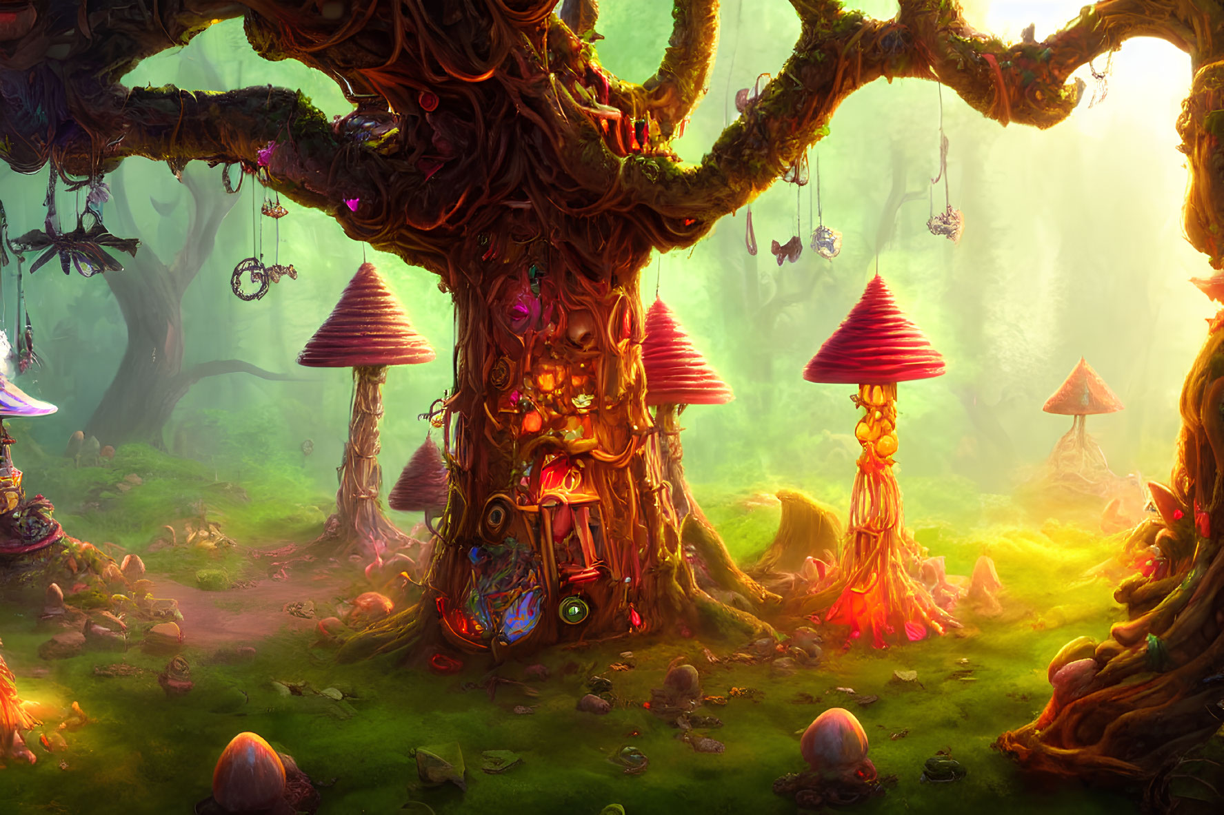 Mystical treehouse in enchanted forest with glowing mushrooms