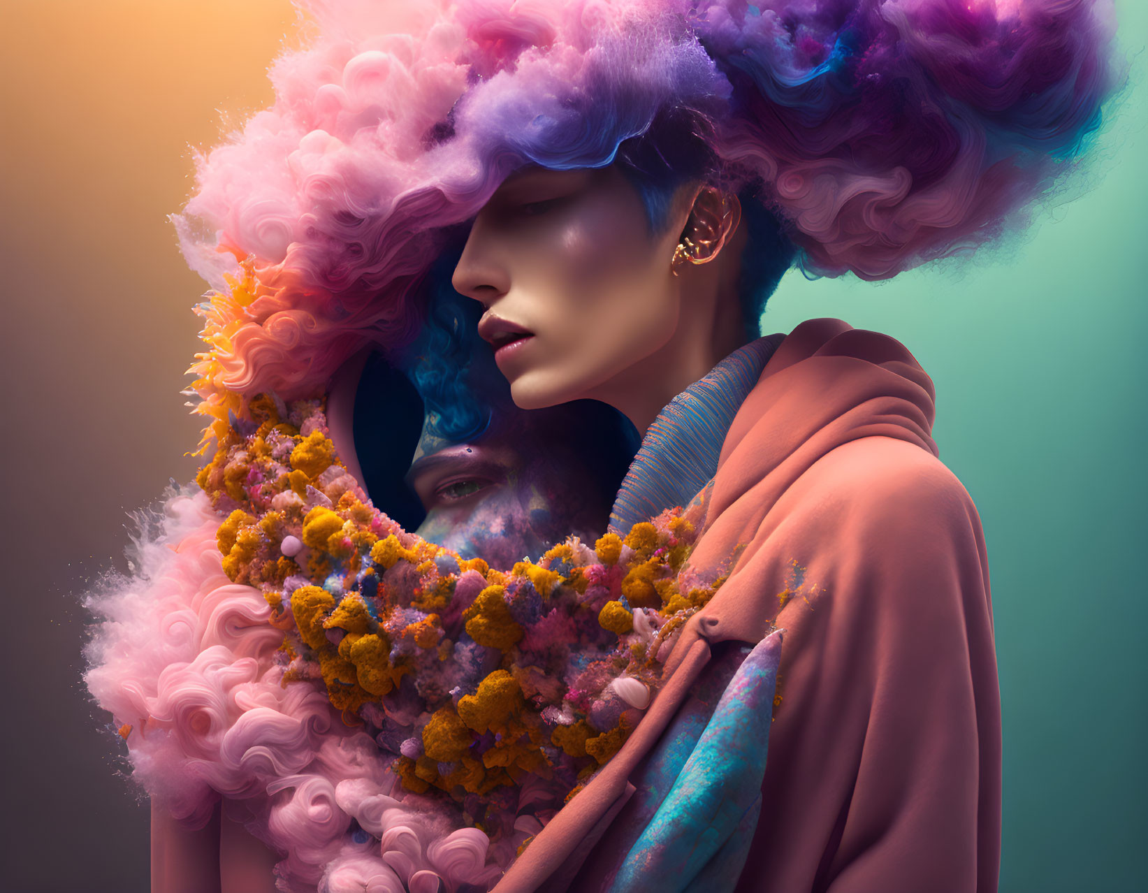 Colorful surreal portrait with voluminous hair and flowers on gradient background