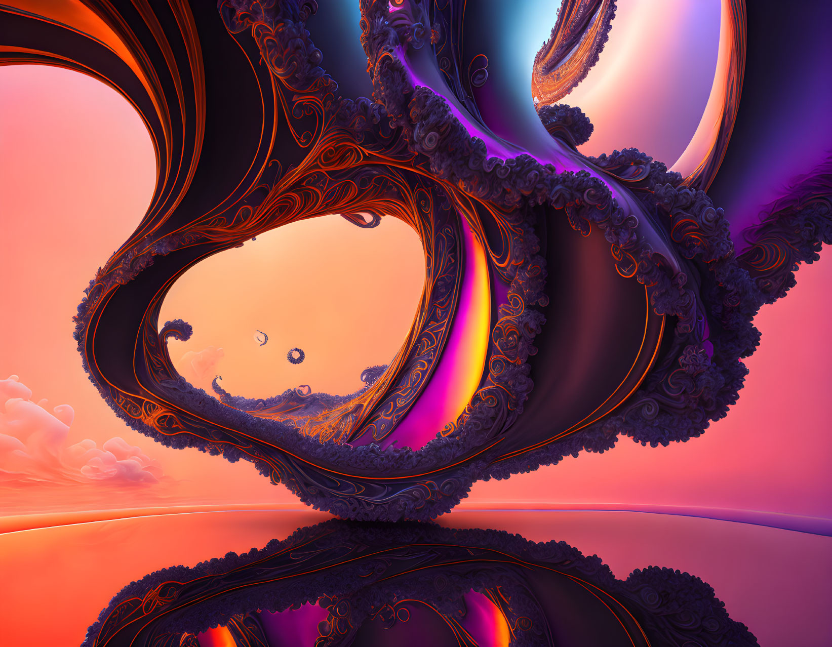 Colorful 3D fractal image with swirling patterns in warm tones and surreal sky