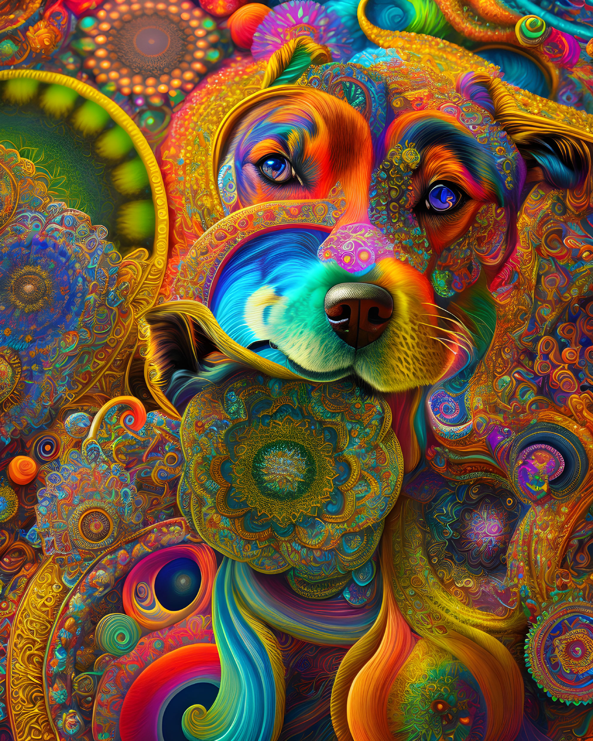 Colorful Psychedelic Dog Illustration with Detailed Patterns