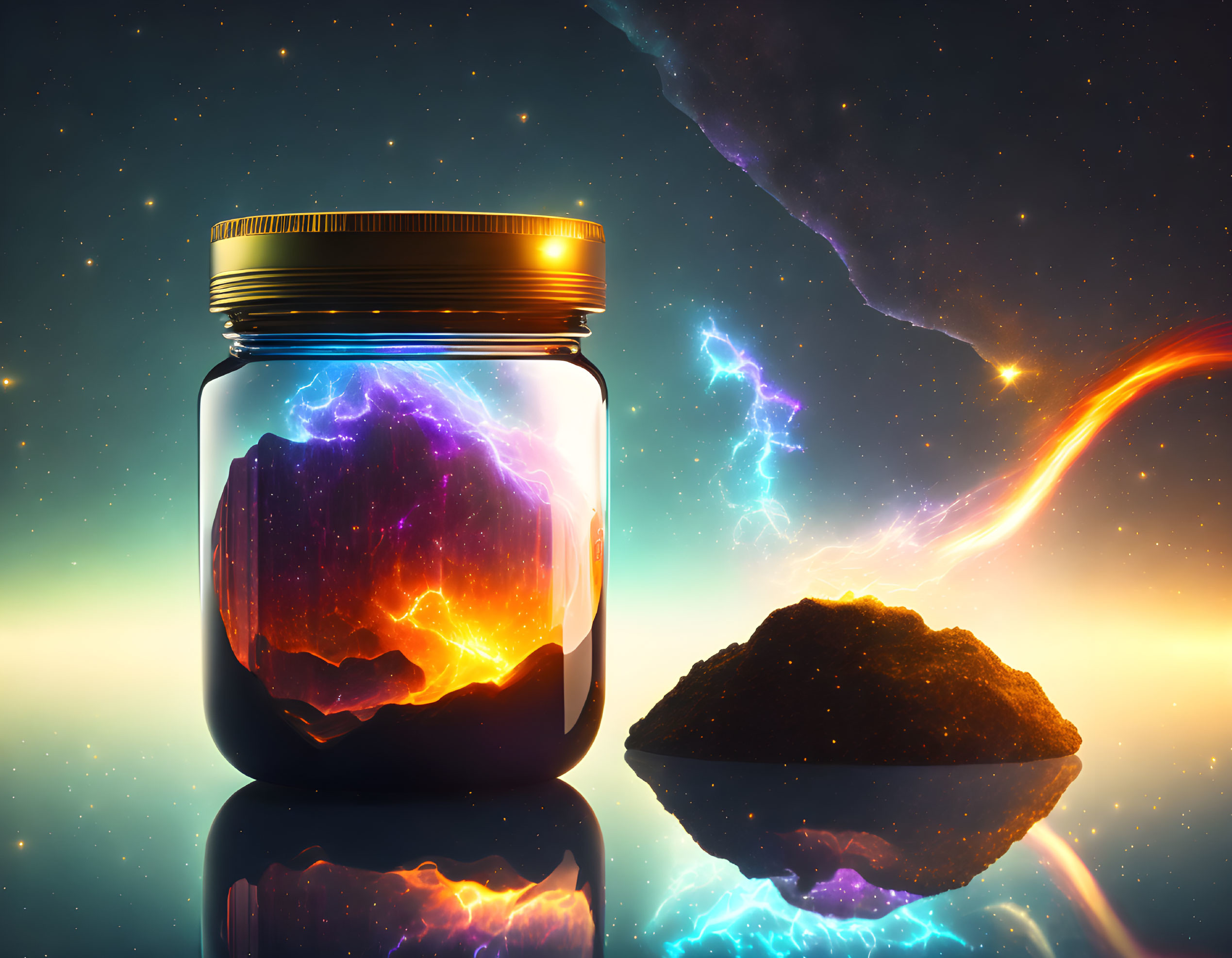 Glass jar with cosmic nebula and dark matter in star-filled space