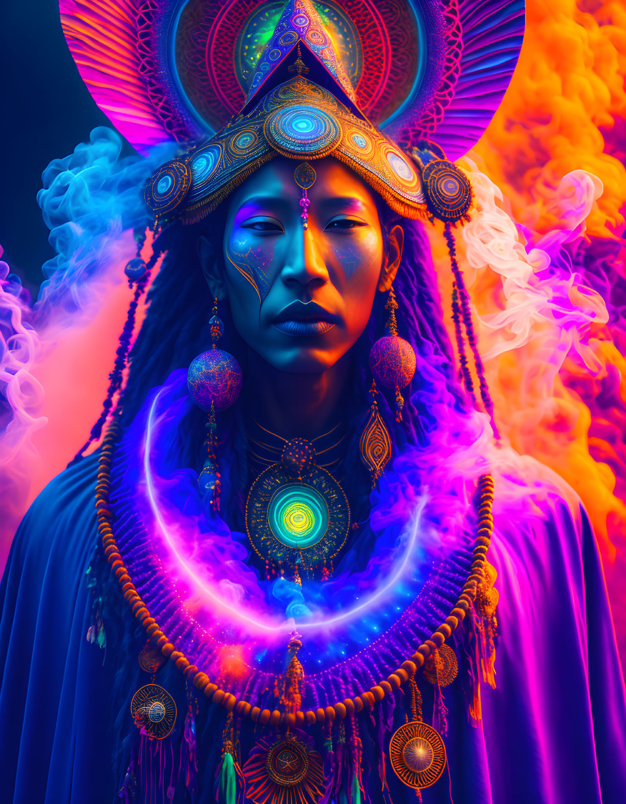 Colorful digital artwork featuring person with ornate headgear and jewelry in neon hues.