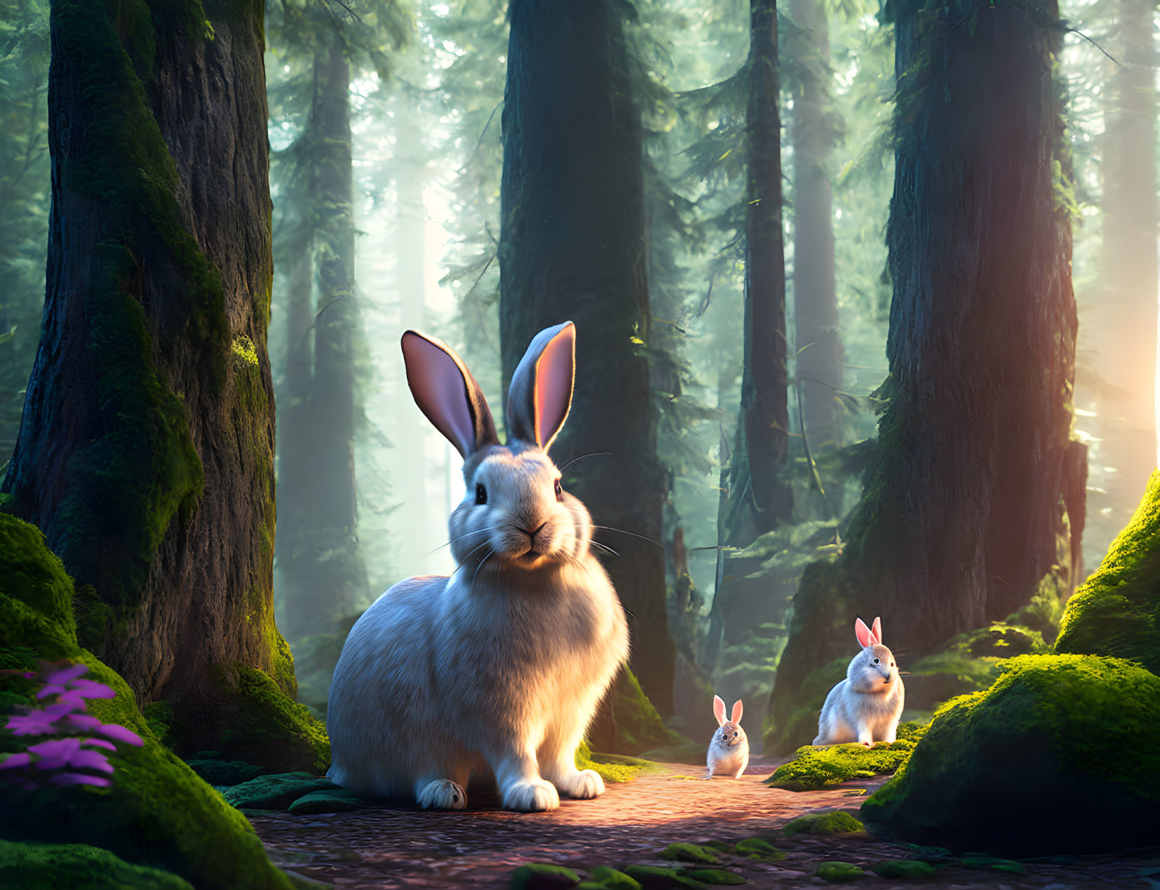 Animated rabbits in magical forest with sunbeams