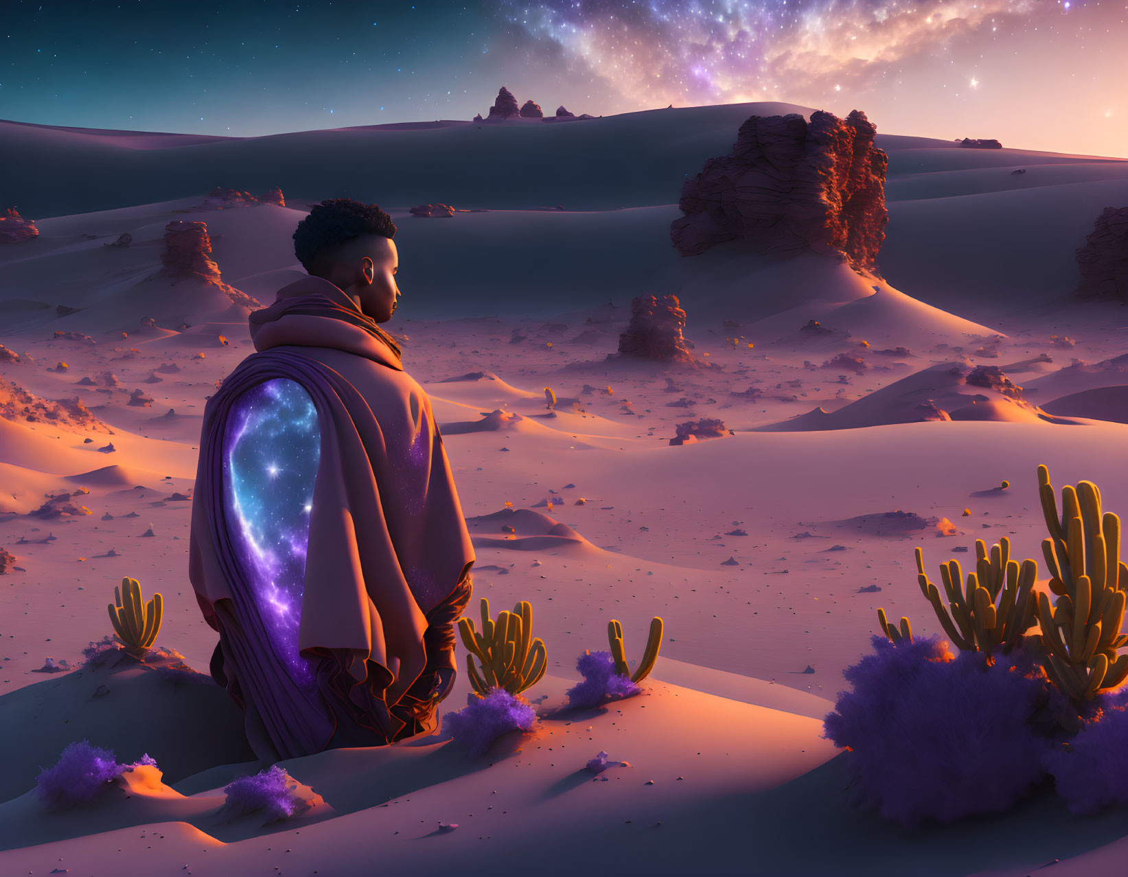 Futuristic jacket person gazes at twilight desert with glowing plants