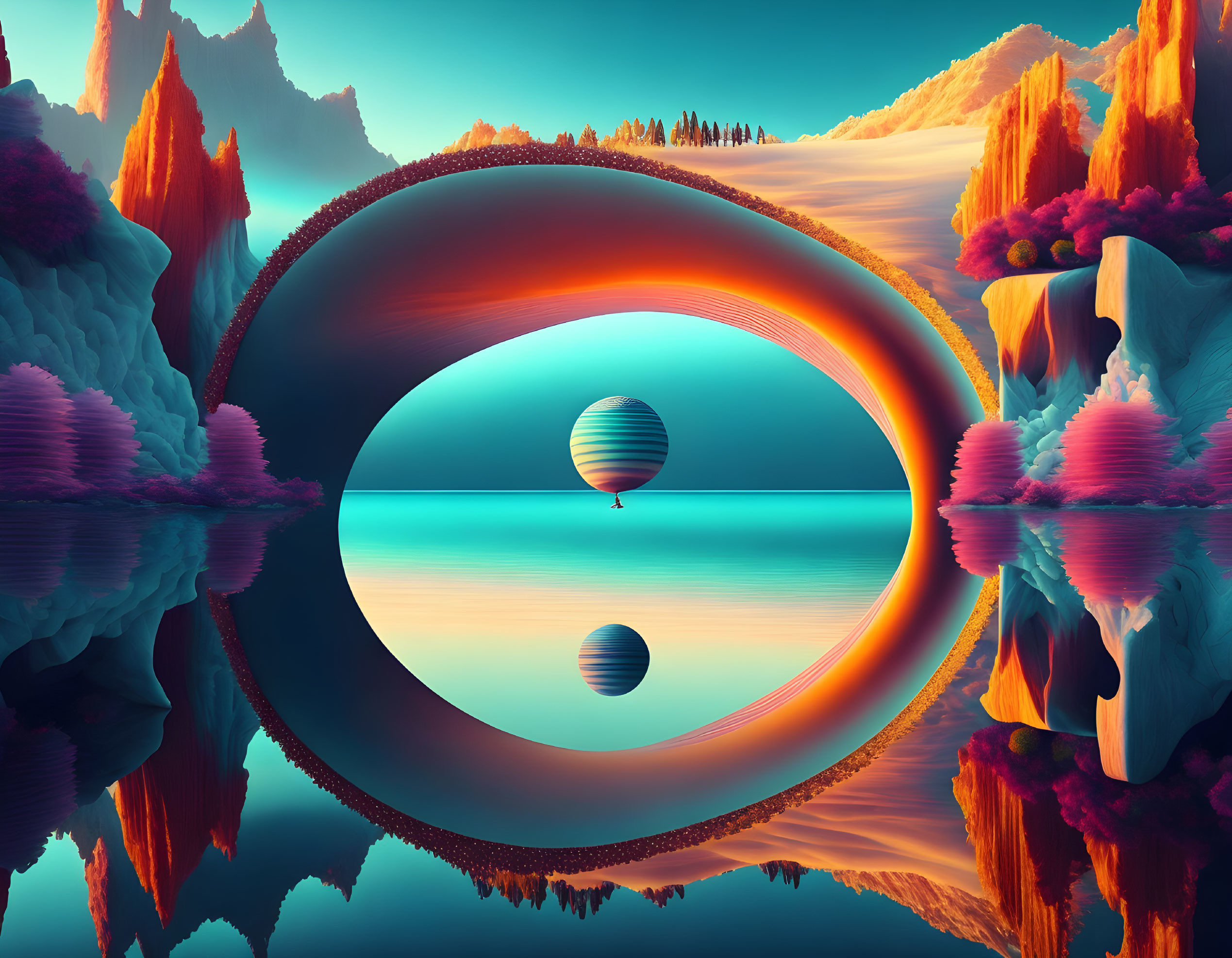 Colorful surreal landscape with floating islands and hot air balloon