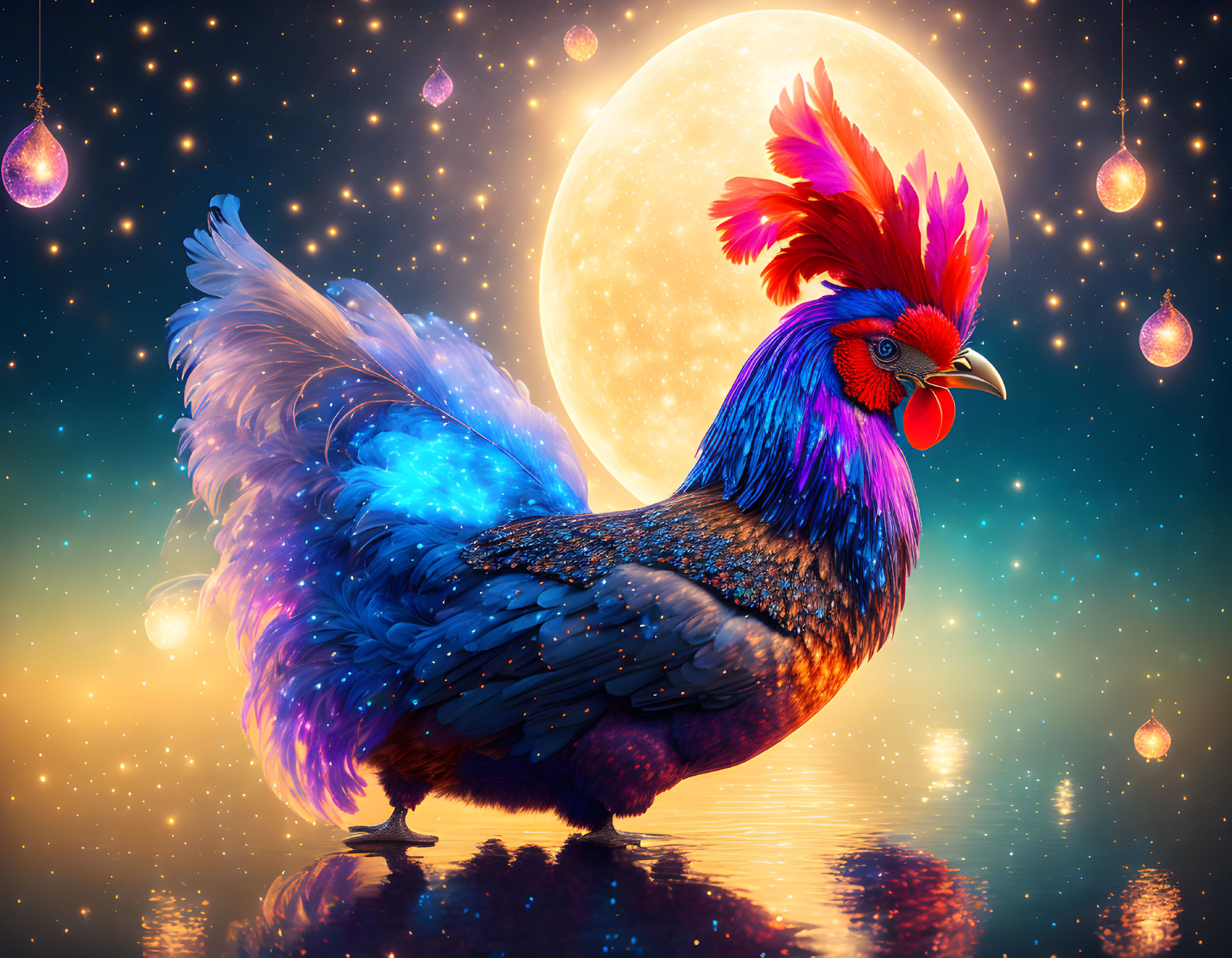 Colorful Rooster with Blue Feathers in Night Sky with Moon and Stars