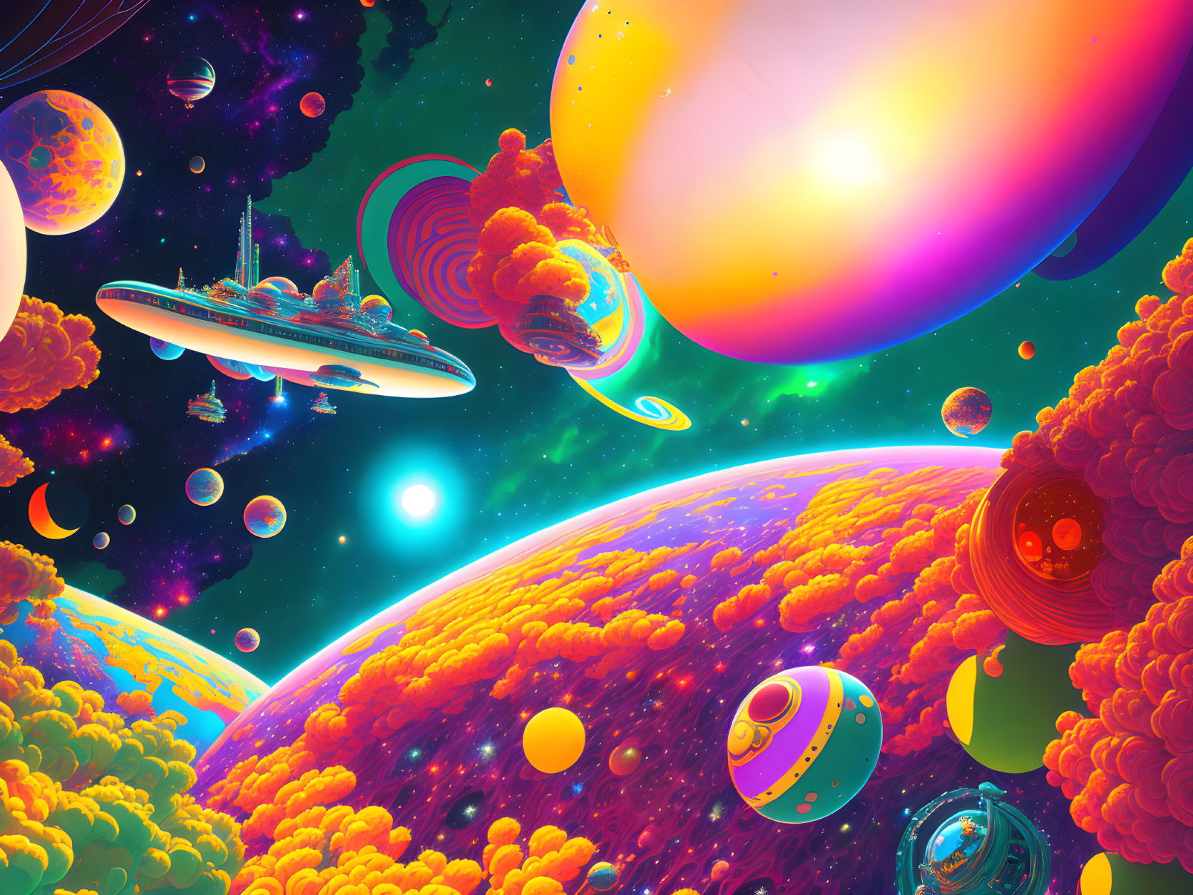 Colorful Space Scene with Planets, Nebulas, Islands, and Spacecraft