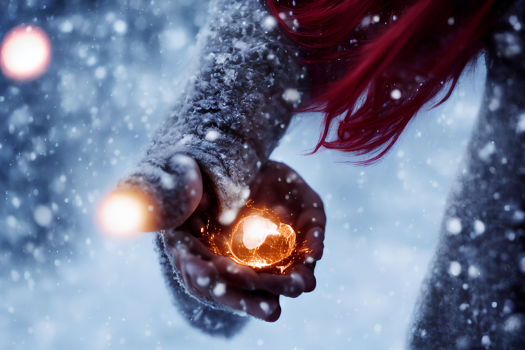 Red-haired person holding glowing orb in snowy landscape