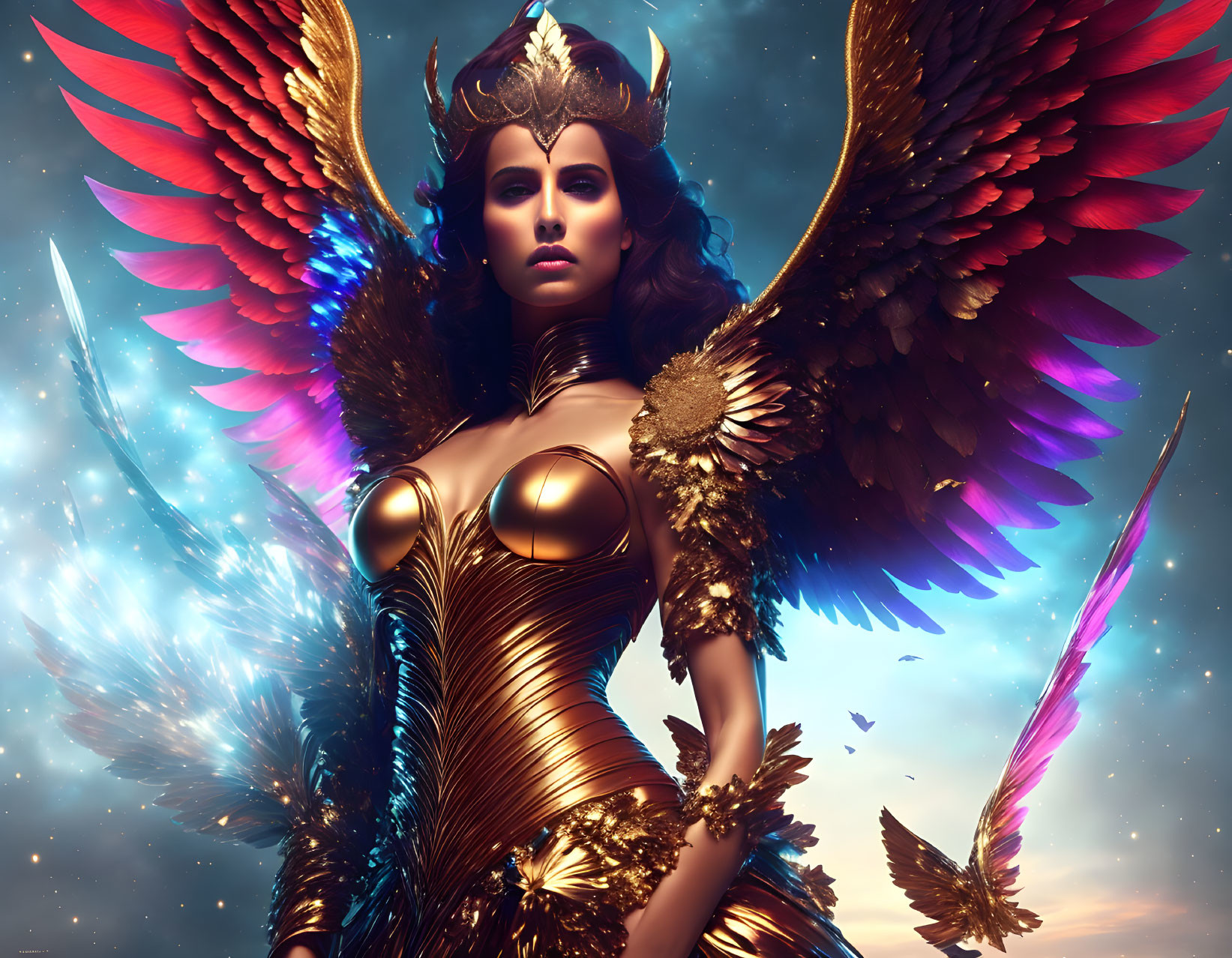 Fantastical female figure with red wings and golden armor on celestial backdrop