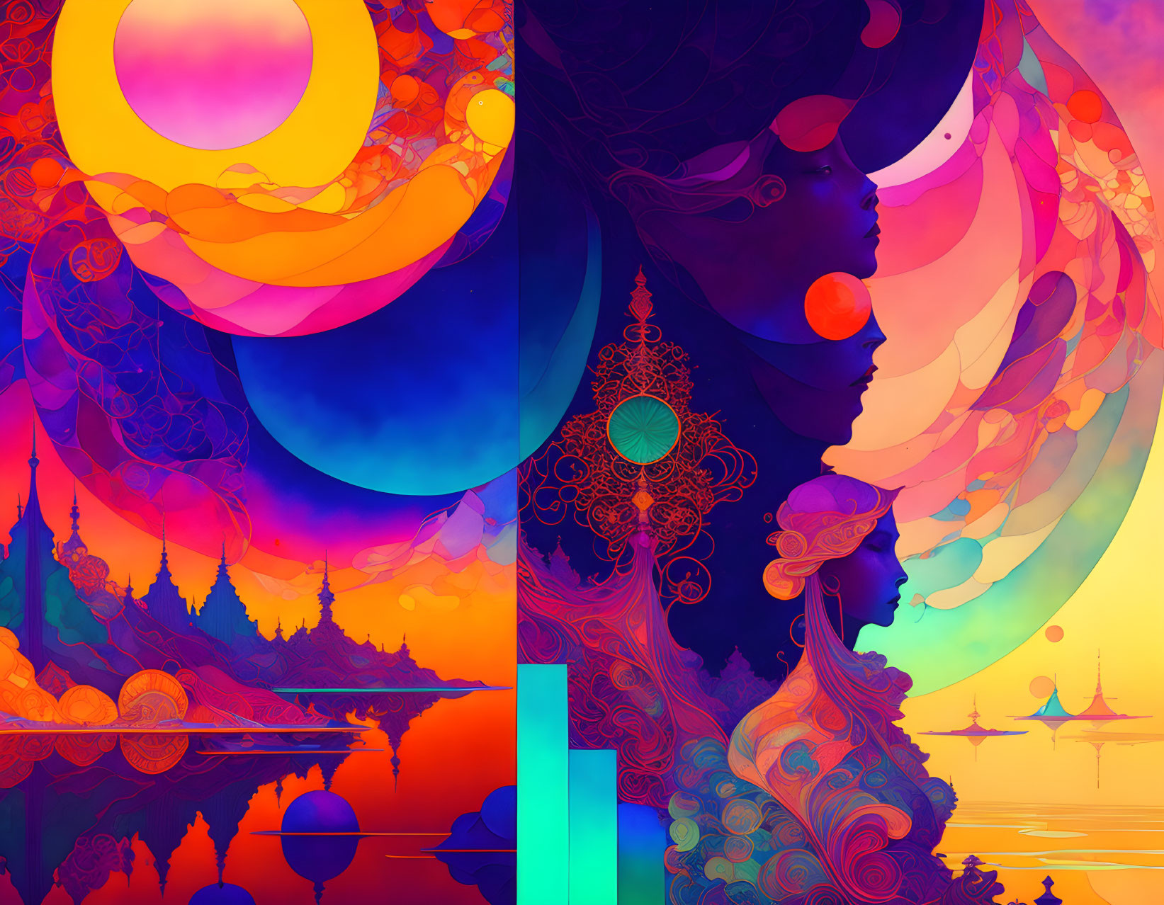 Colorful Psychedelic Illustration of Silhouetted Female Profiles & Celestial Background