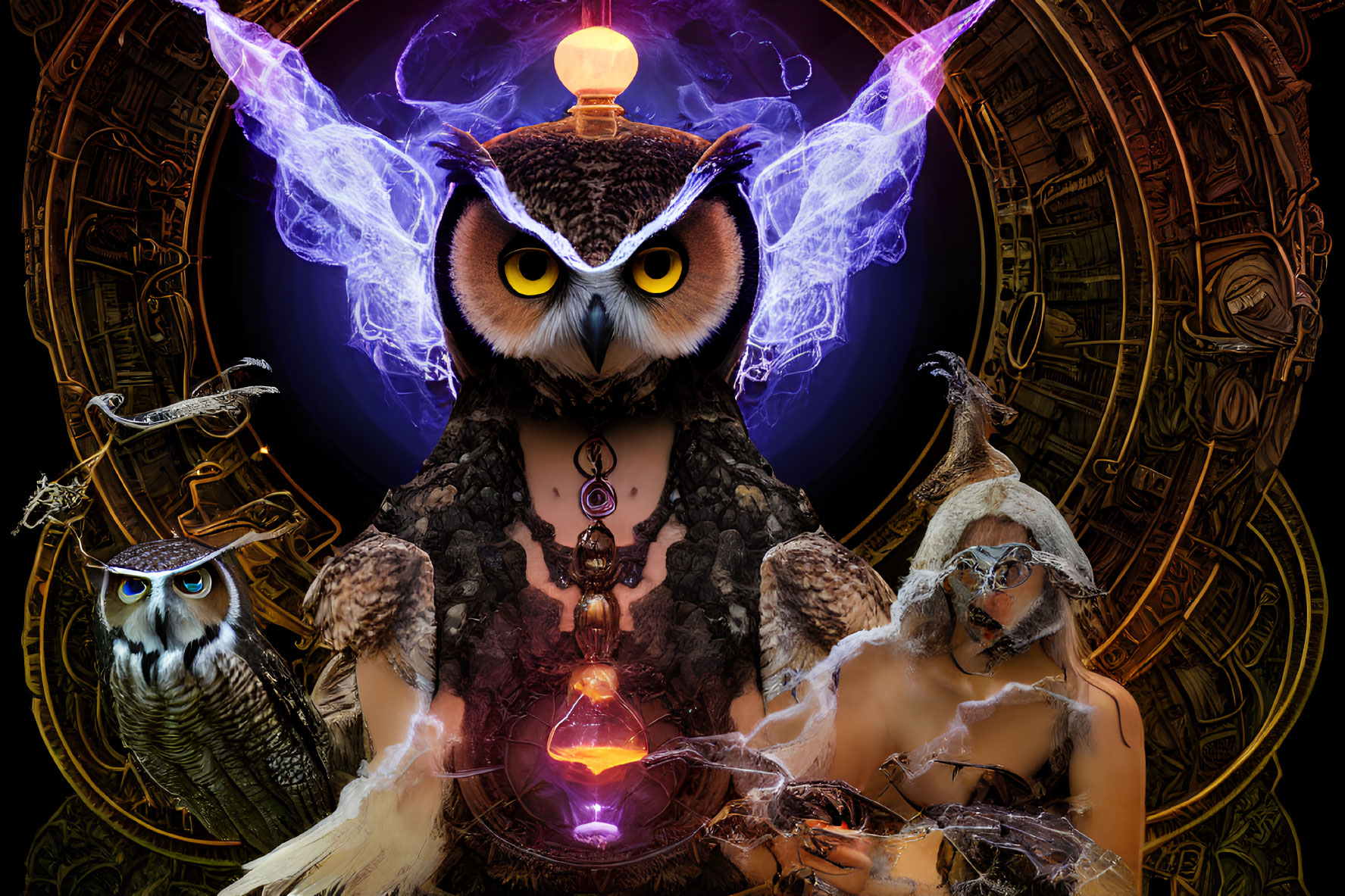 Mystical composition with large owl, magical symbols, smaller owl, and cloaked figure