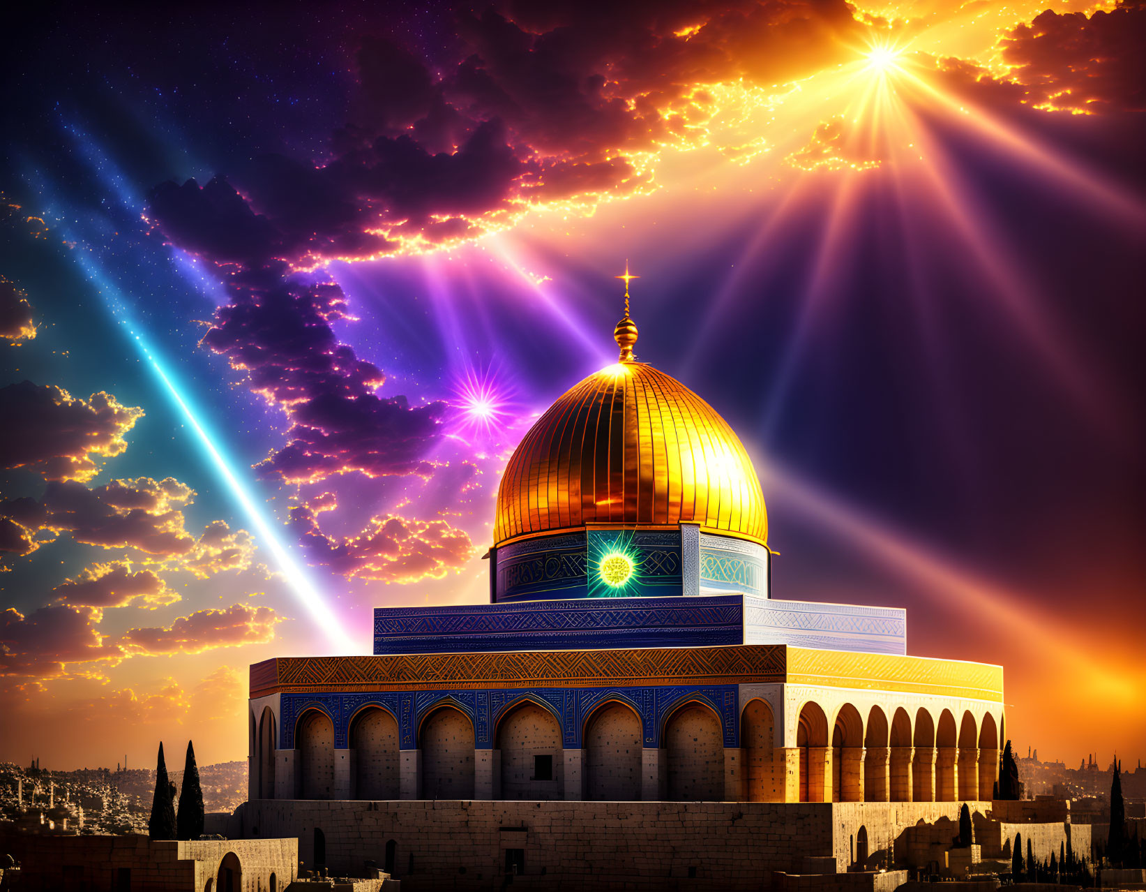 Vivid sunset skyline with light beams on Dome of the Rock amid starry backdrop