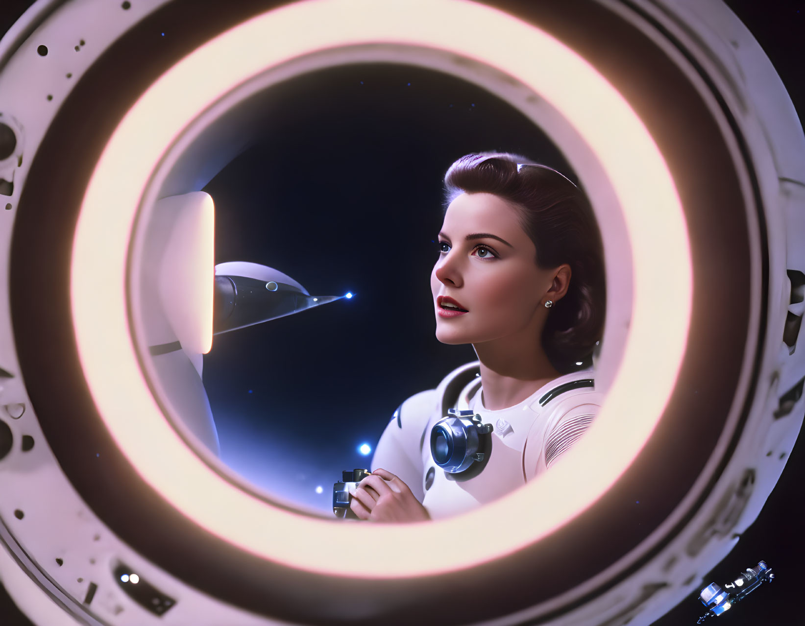 Female astronaut in retro-futuristic space suit gazes from spacecraft porthole at distant spaceship in