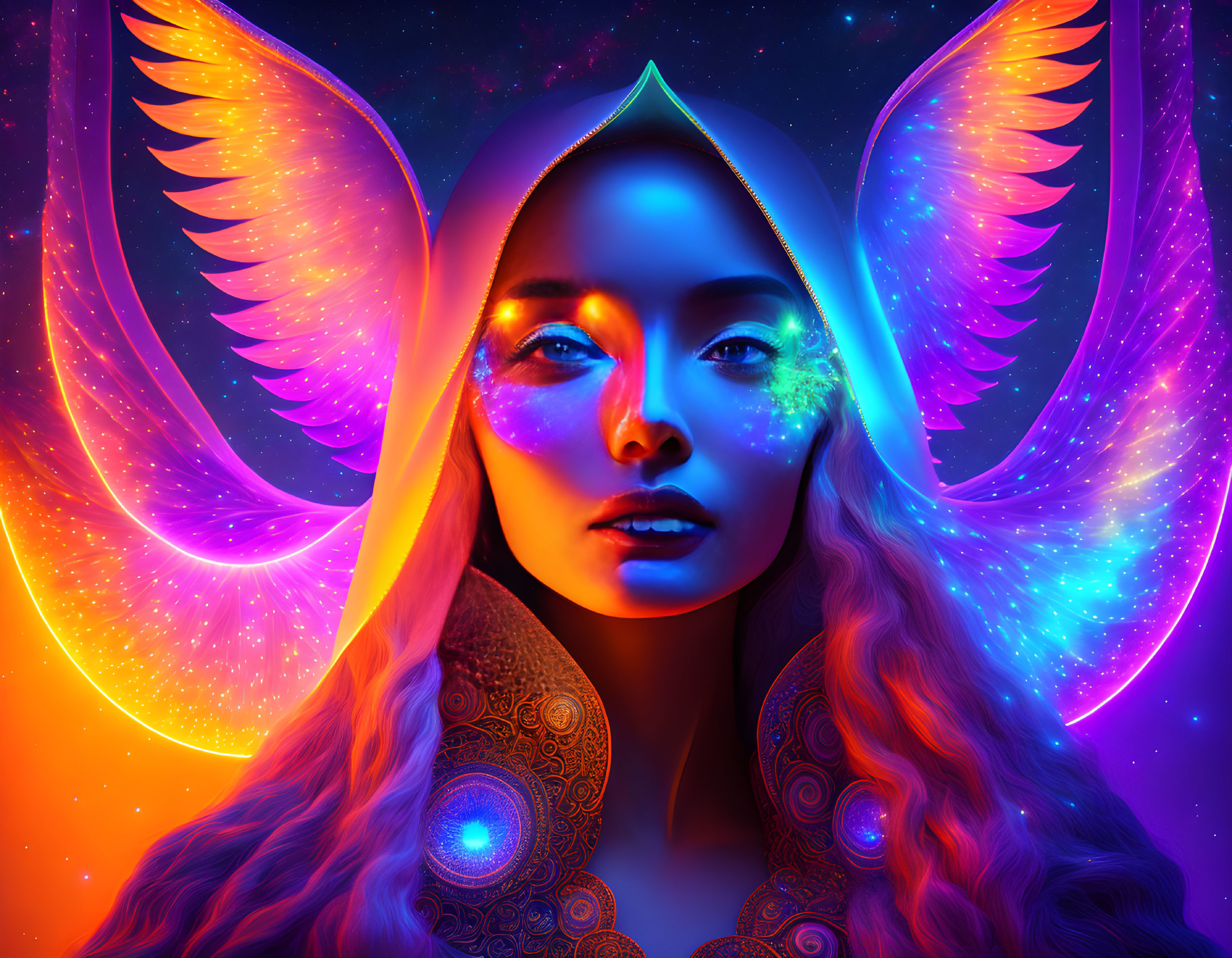 Colorful digital portrait of a woman with multicolored wings and celestial aura.