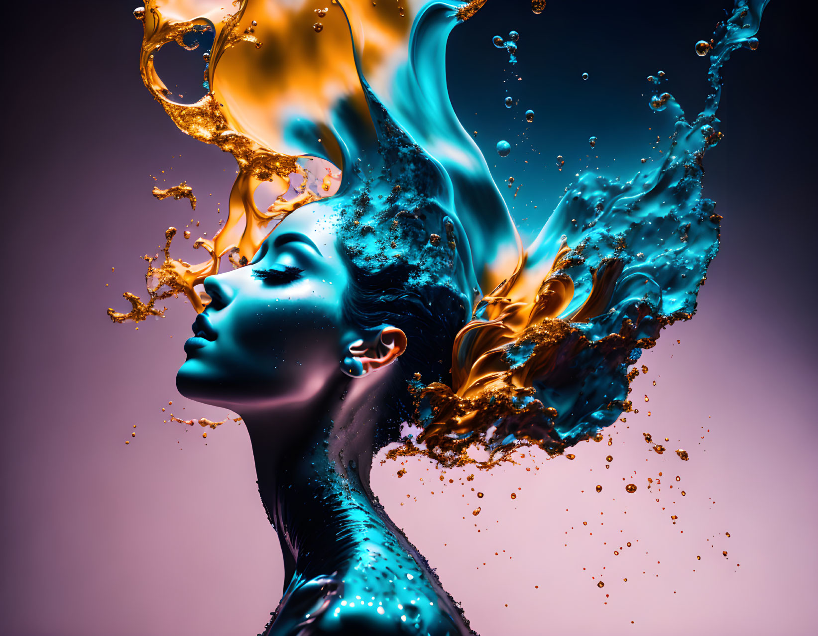 Woman Profile with Blue and Orange Liquid Splashes on Purple Background