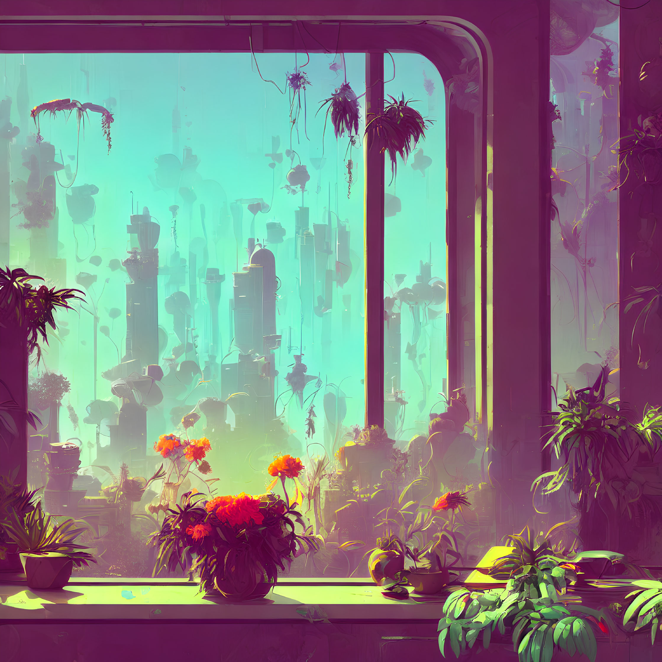 Futuristic cityscape illustration with indoor plants and purple teal glow