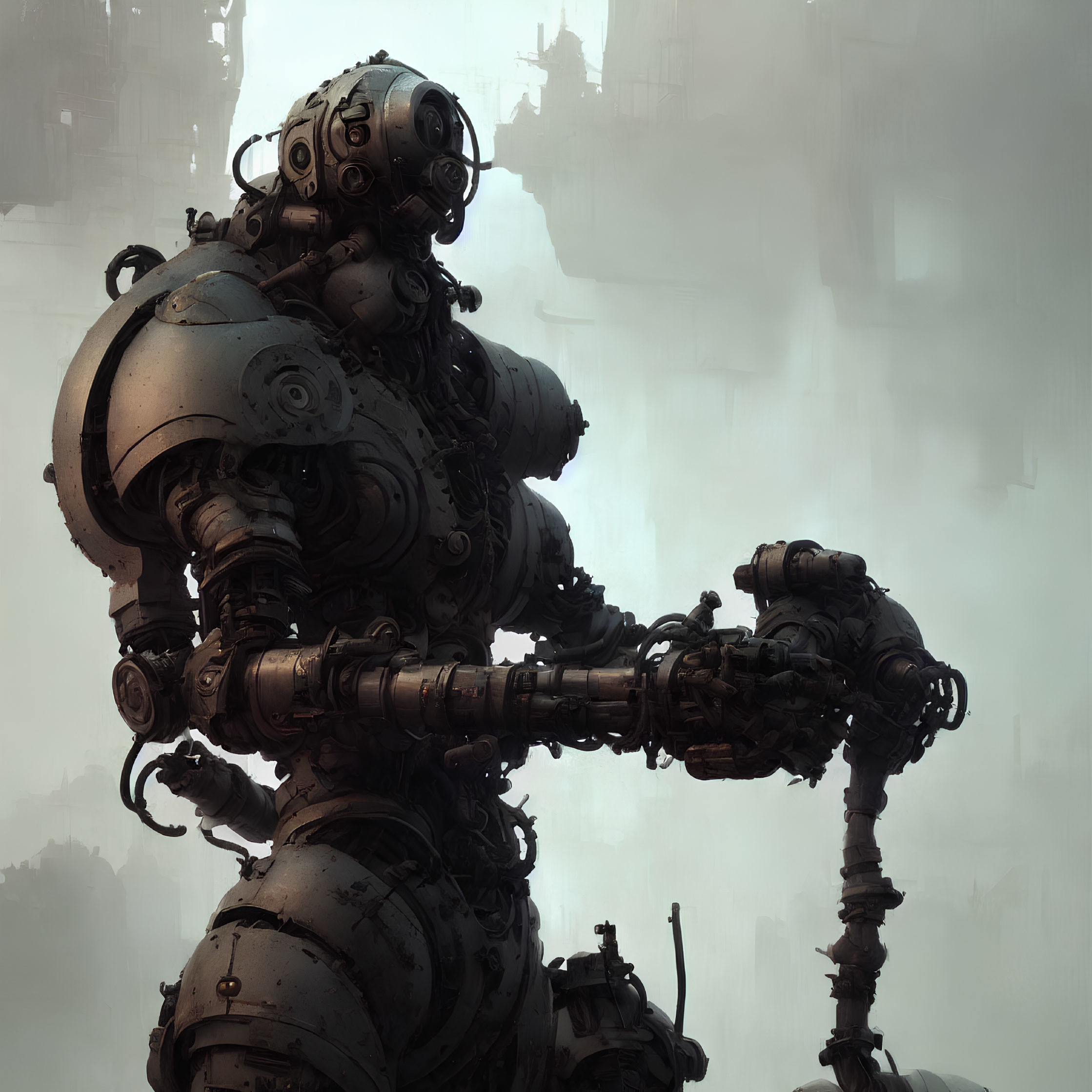 Detailed robot illustration in foggy industrial cityscape