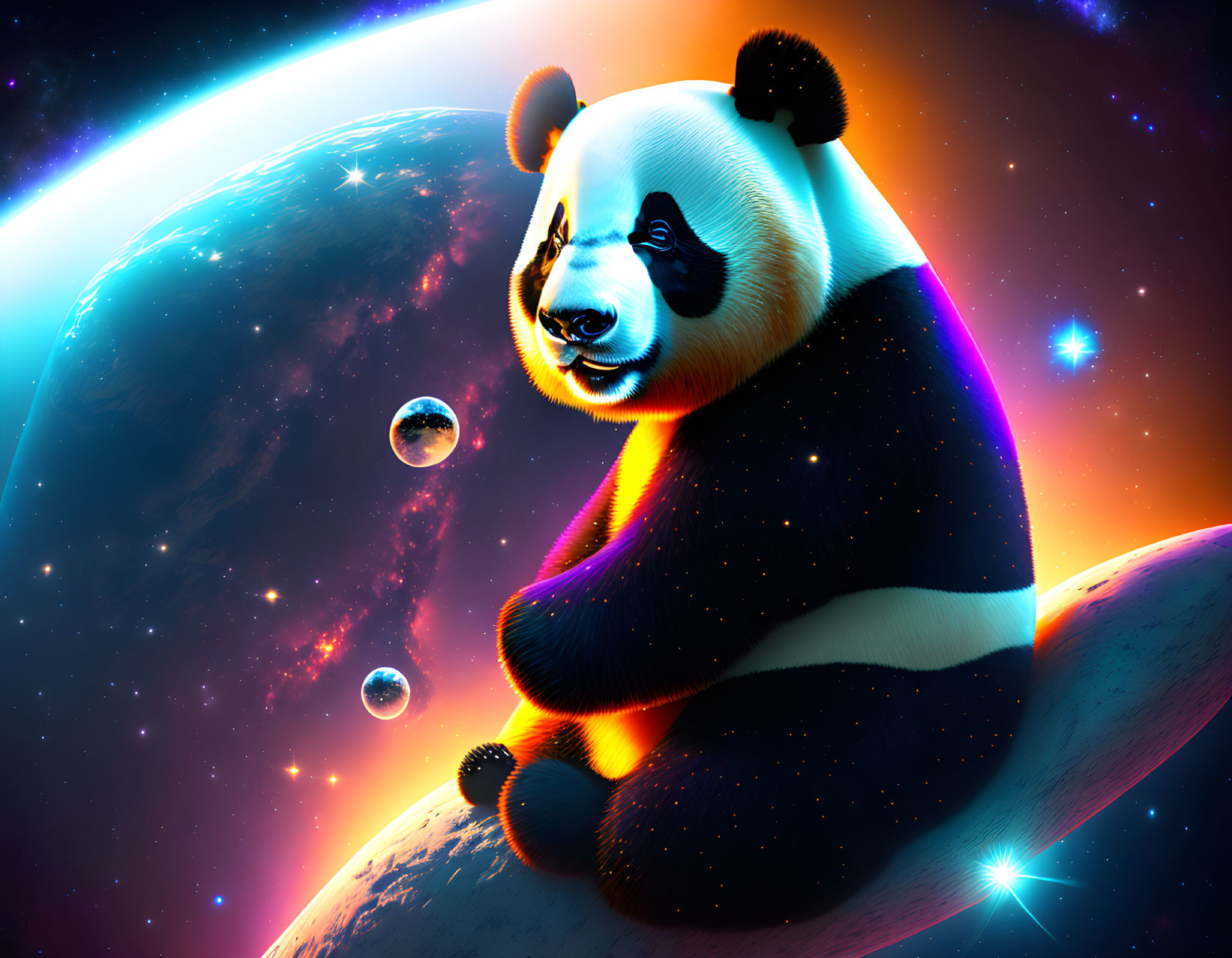 Giant panda in space with Earth and cosmic elements