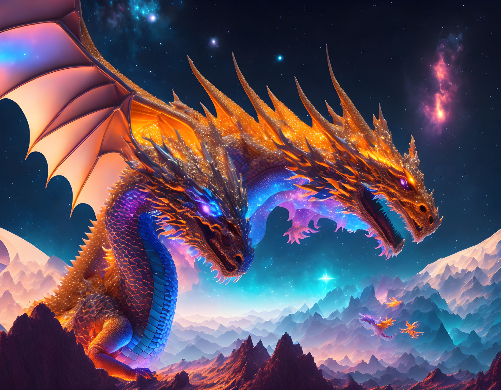 Majestic two-headed dragon flying over mountainous landscape at night