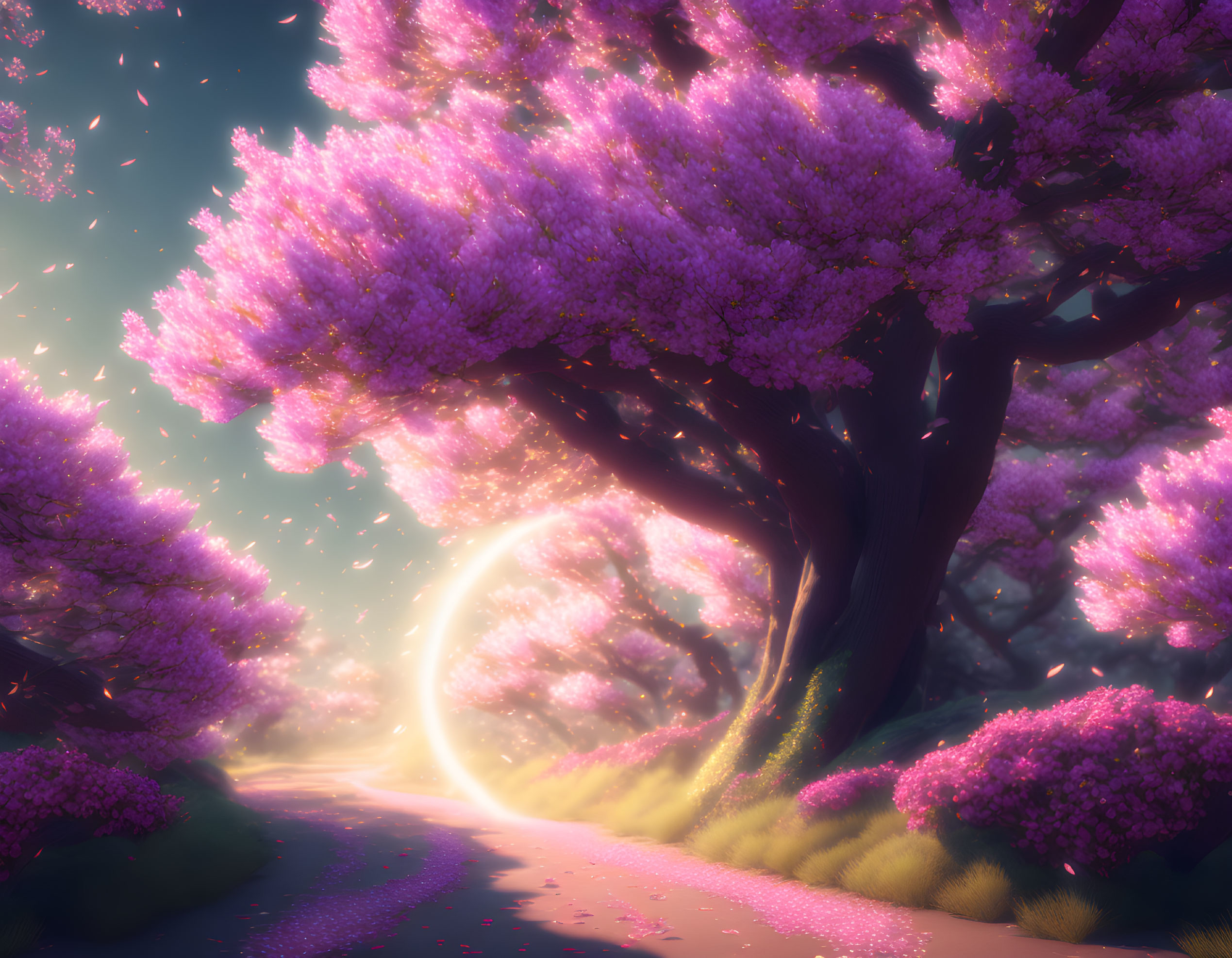 Purple Cherry Blossoms Path at Sunrise/Sunset