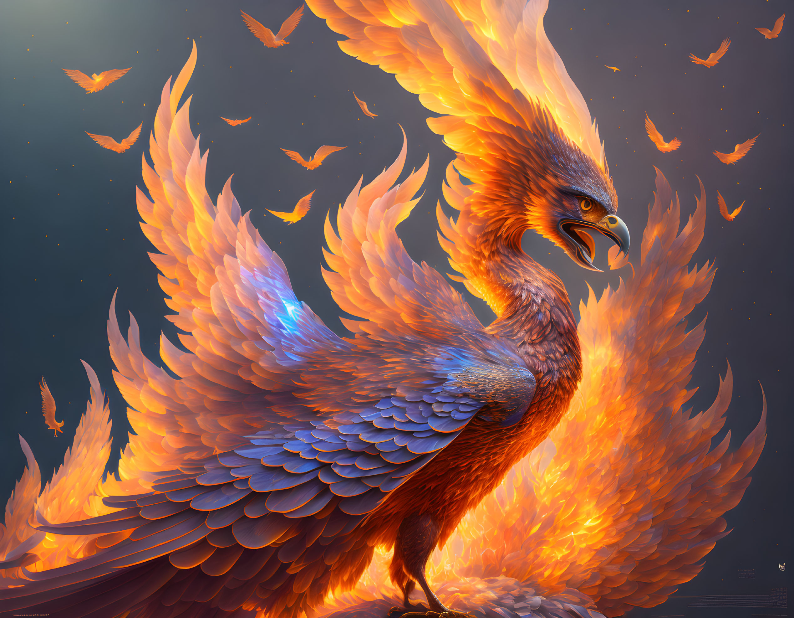 Majestic Phoenix with Fiery Orange and Yellow Wings in Twilight