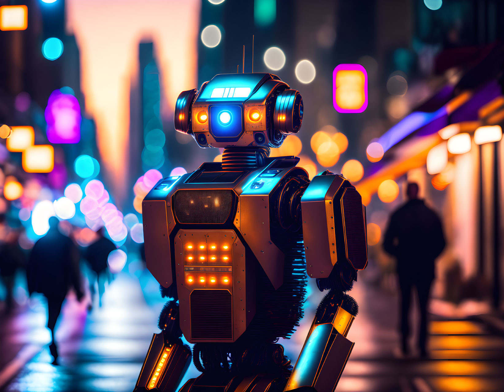 Futuristic robot in neon-lit city street at night