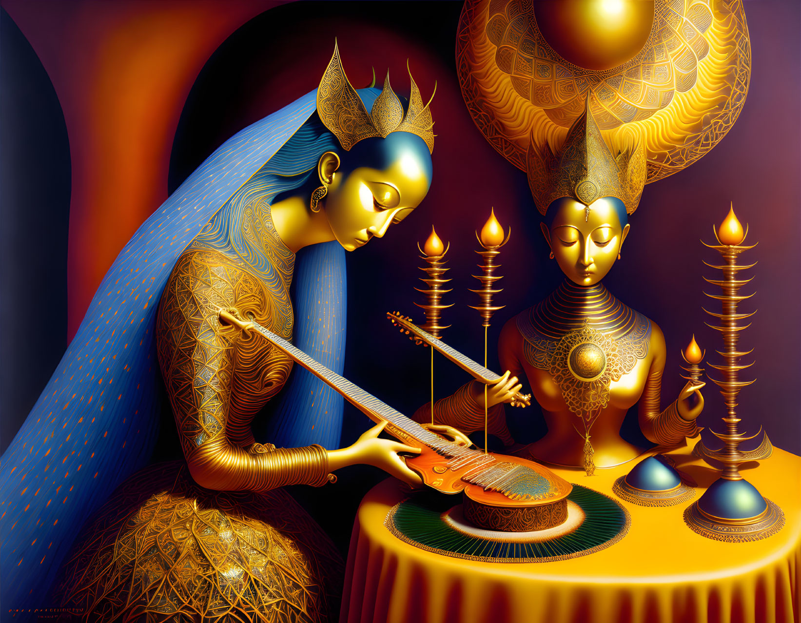 Digital artwork of woman playing stringed instrument with golden patterns, candles, and serene figure.