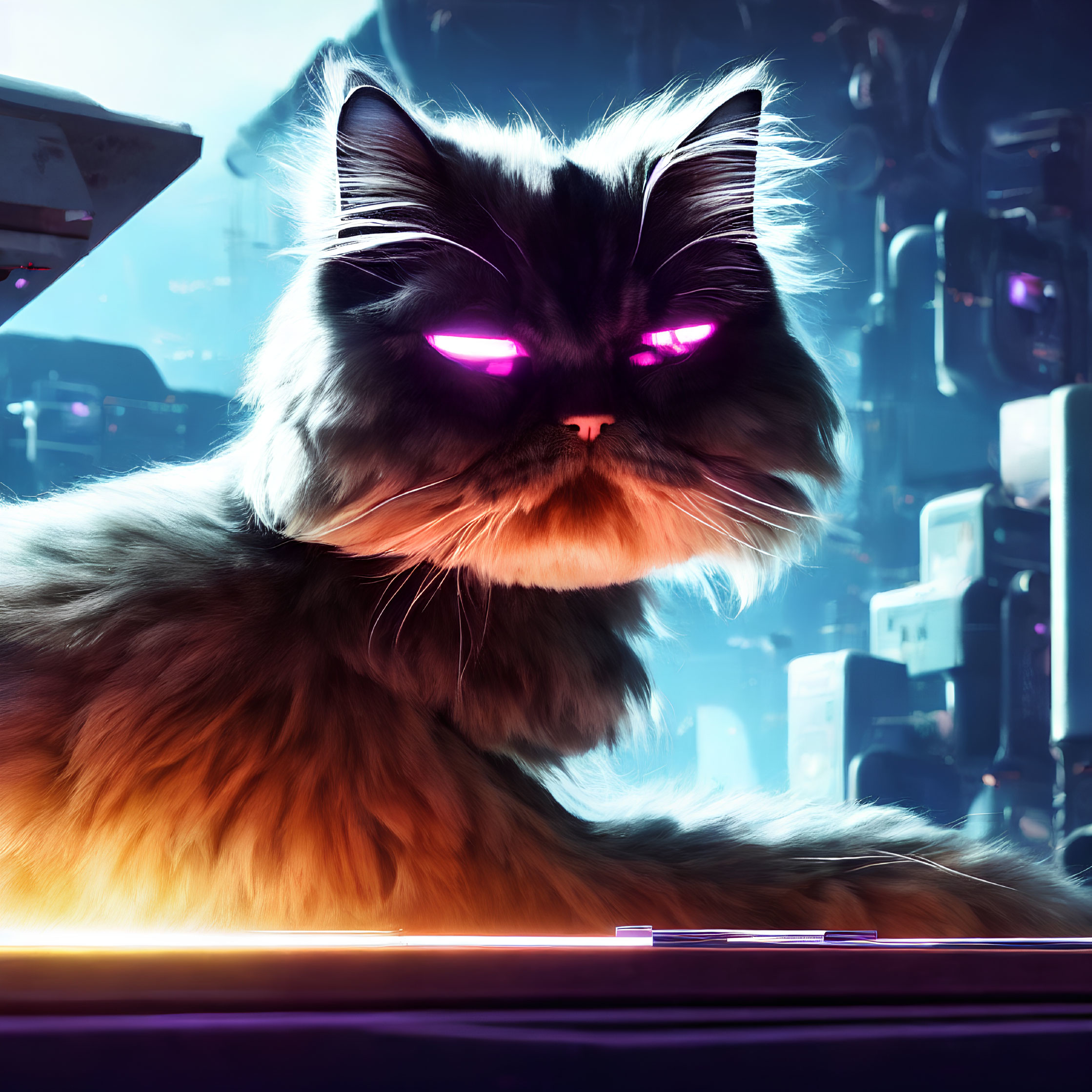 Fluffy cat with pink eyes in futuristic cityscape with neon blue palette