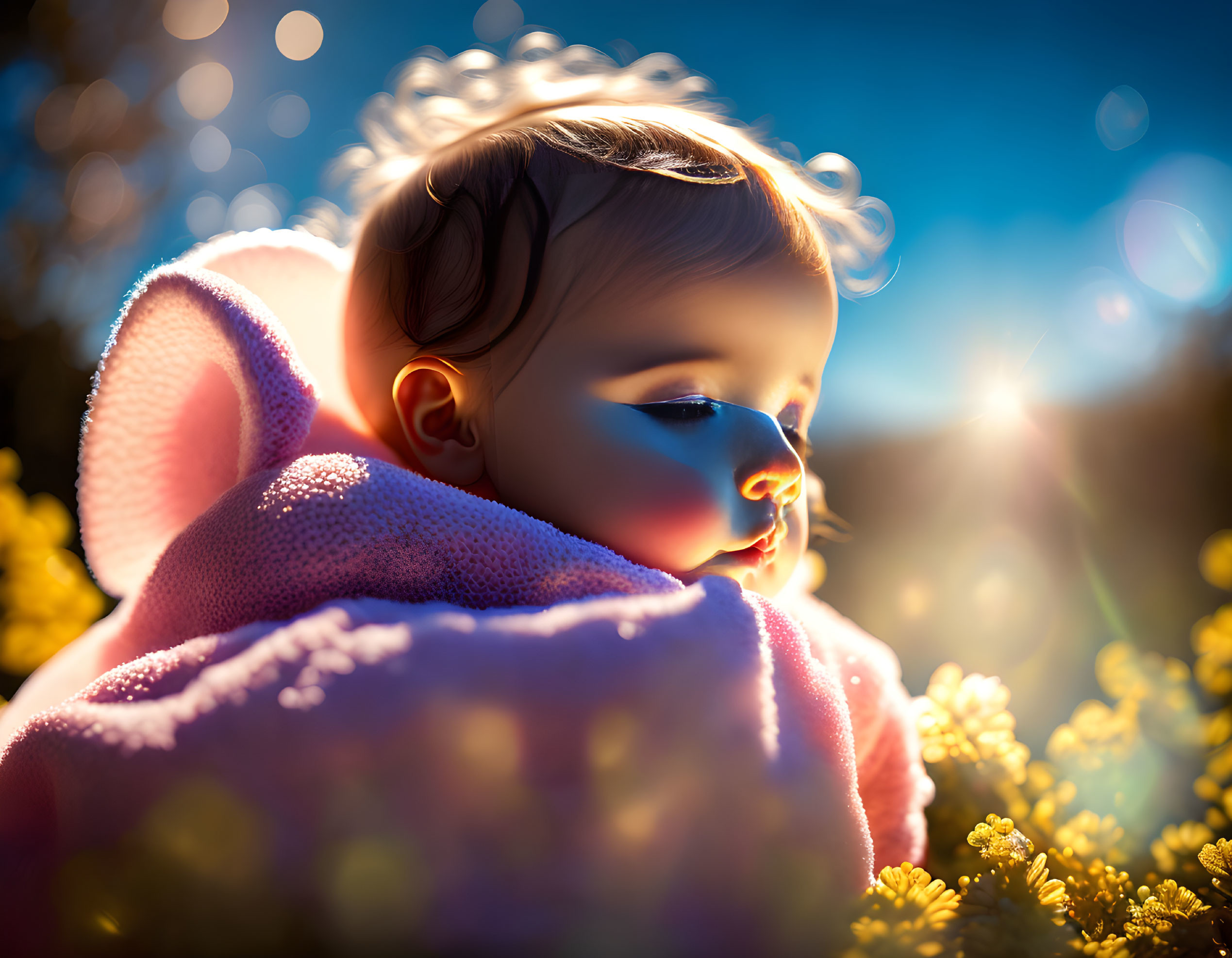 Baby wrapped in pink blanket under sunlight with yellow flowers.