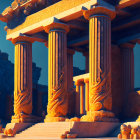 Surreal digital artwork of classical temple in warm orange glow