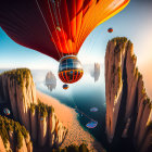 Vibrant hot air balloons fly over majestic rock formations at sunset