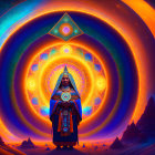 Mystical figure at pyramids under neon-lit sky with celestial symbols