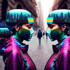 Futuristic individuals in neon-lit helmets and cyberpunk attire on city street